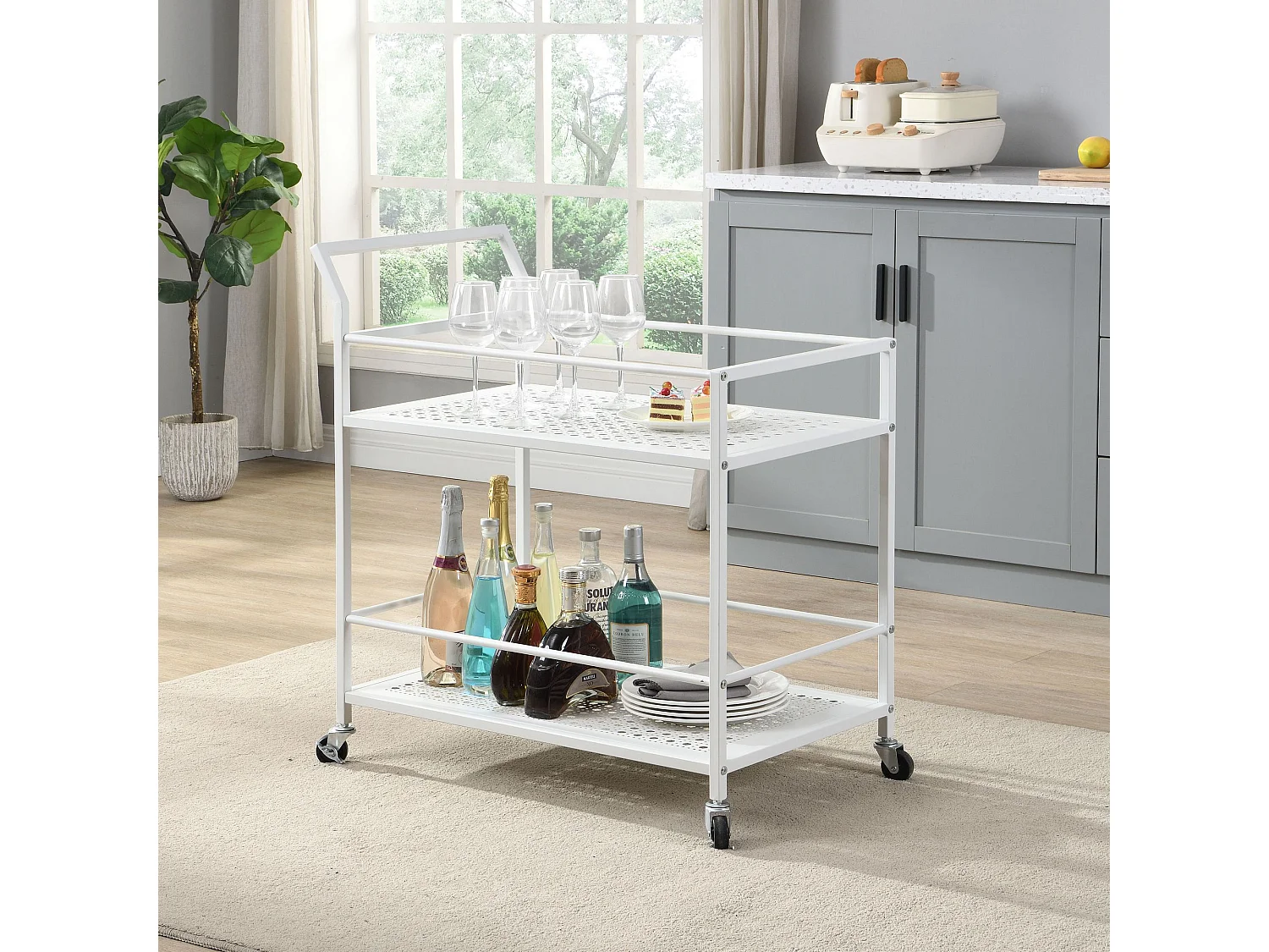 Desserte en métal à 2 niveaux avec roulettes, desserte cuisine, desserte de bar