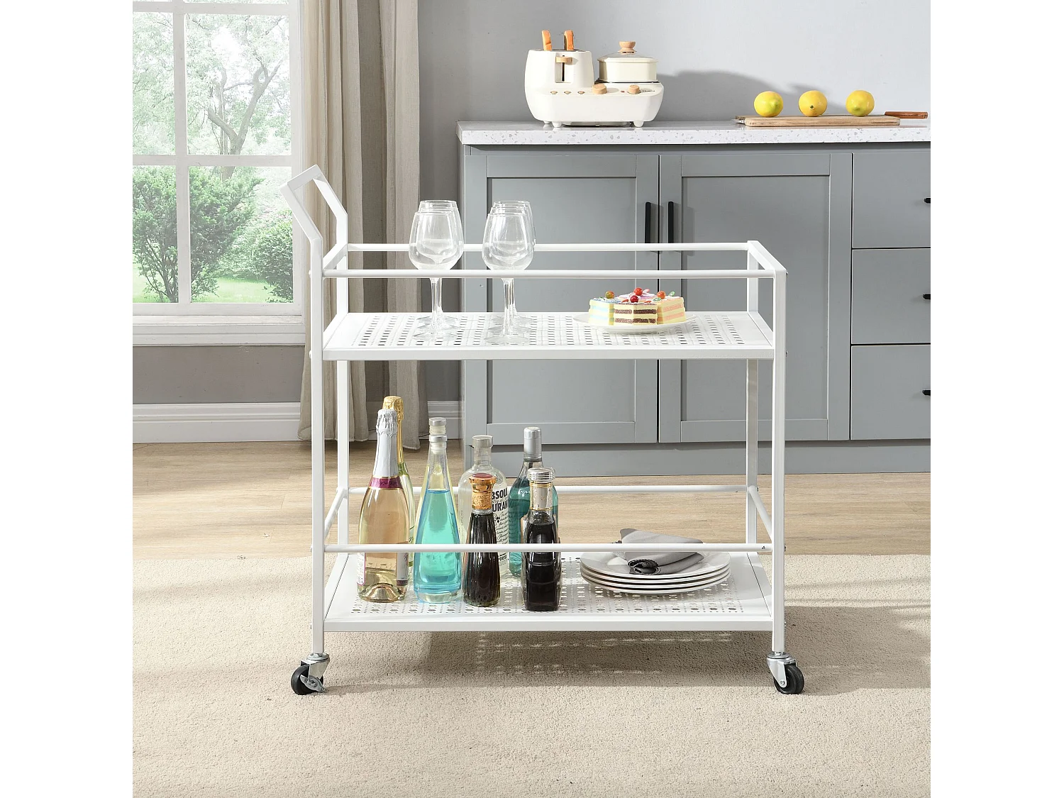 Desserte en métal à 2 niveaux avec roulettes, desserte cuisine, desserte de bar