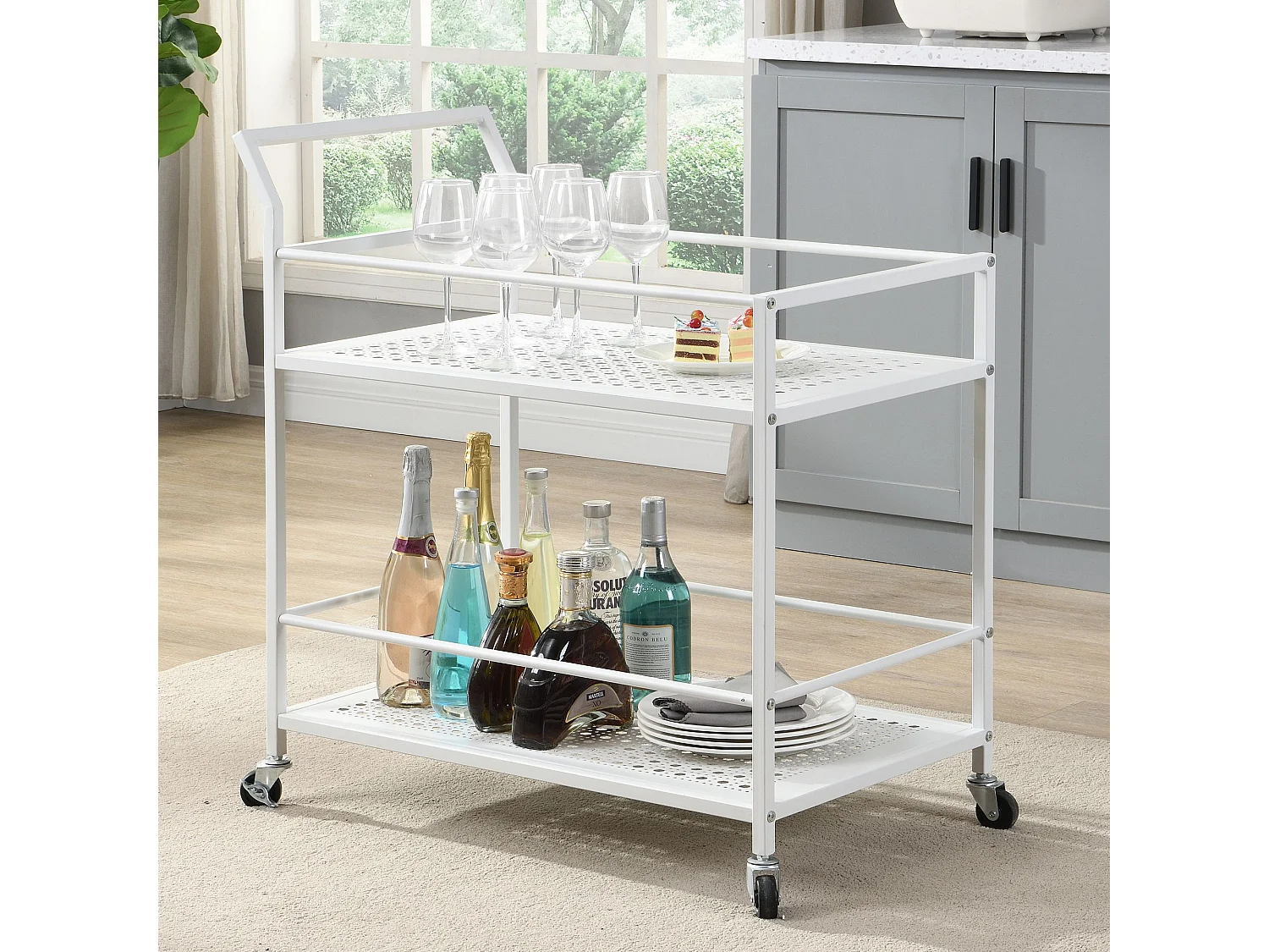 Desserte en métal à 2 niveaux avec roulettes, desserte cuisine, desserte de bar