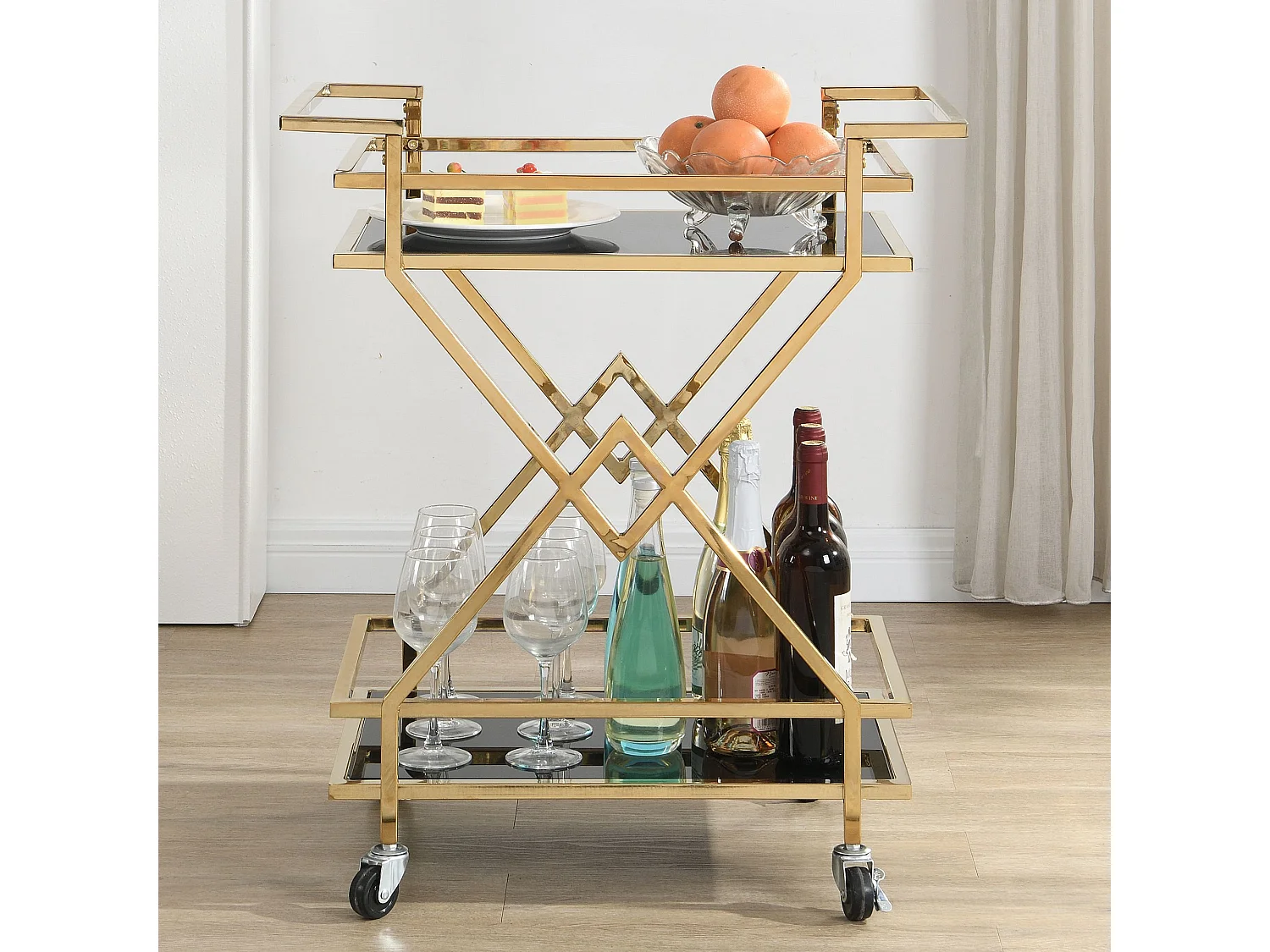 Desserte Chariot de bar moderne à roulettes Verre doré Métal 65x80x40 cm