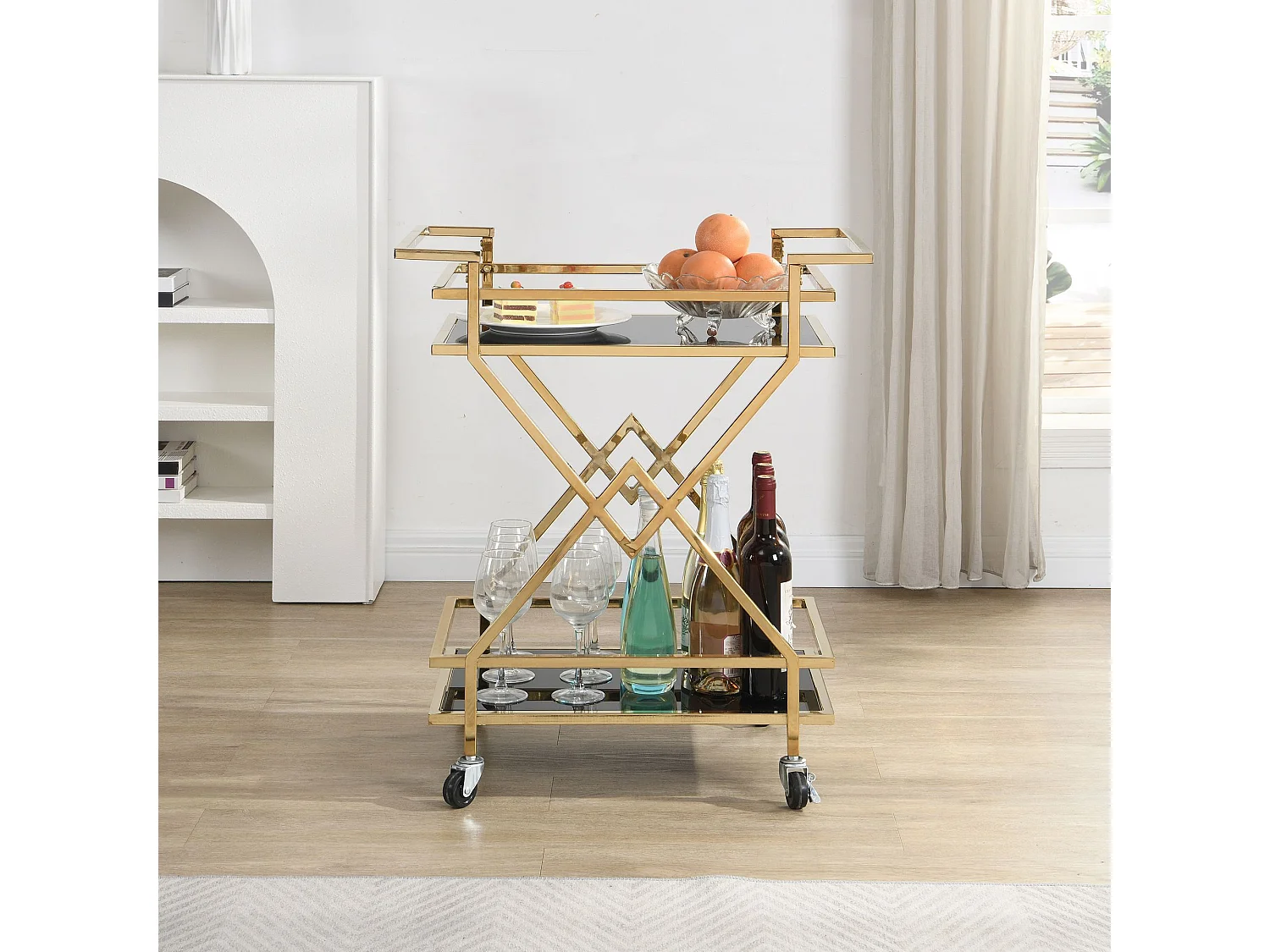 Desserte Chariot de bar moderne à roulettes Verre doré Métal 65x80x40 cm