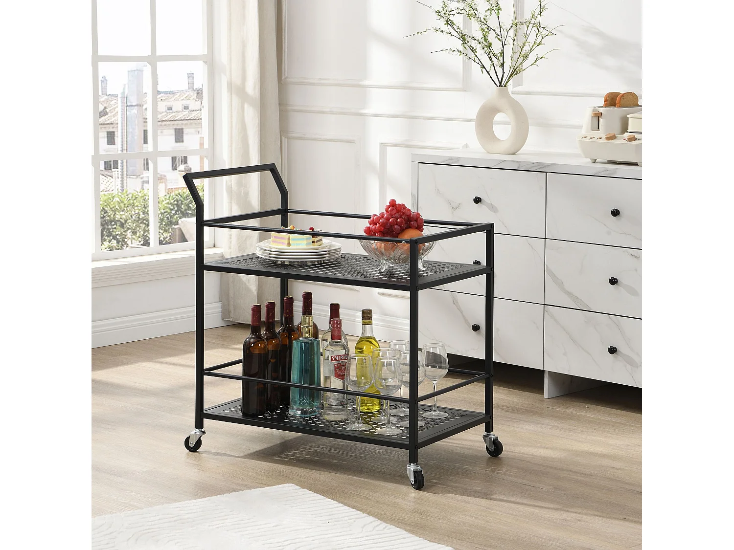 Desserte en métal à 2 niveaux avec roulettes, desserte cuisine, desserte de bar