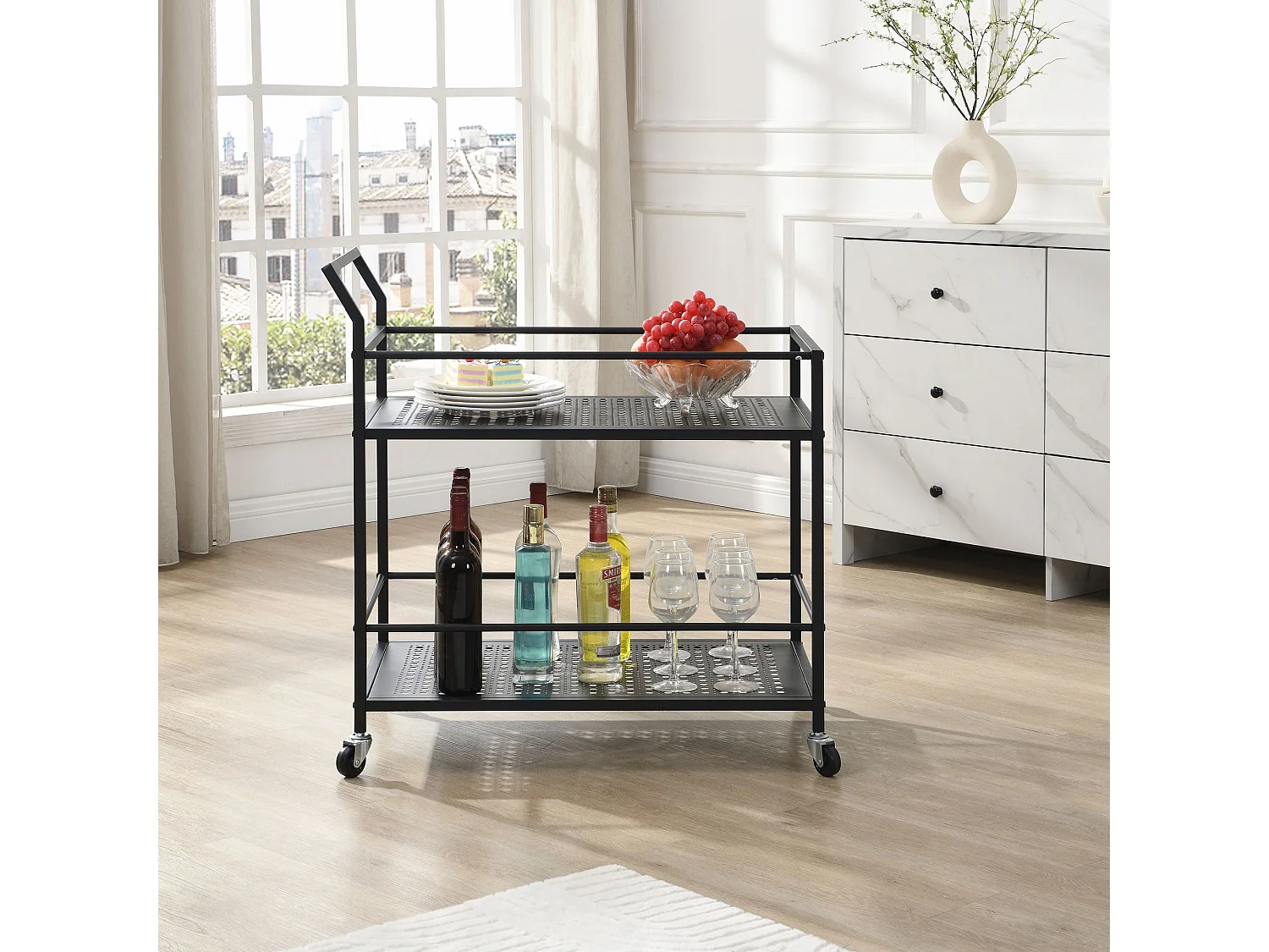 Desserte en métal à 2 niveaux avec roulettes, desserte cuisine, desserte de bar