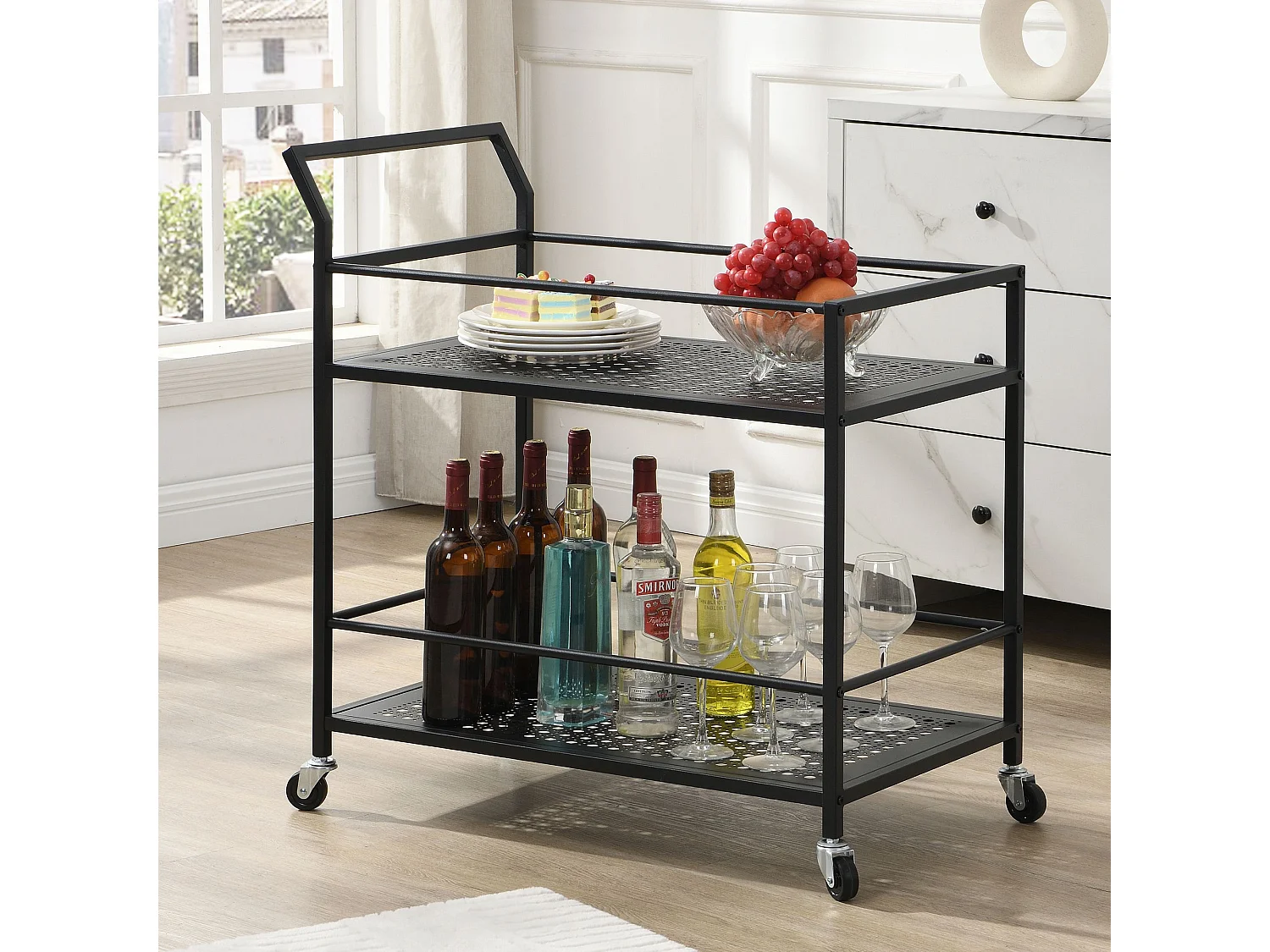Desserte en métal à 2 niveaux avec roulettes, desserte cuisine, desserte de bar