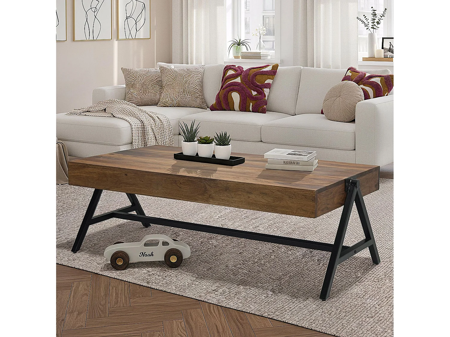 Table Basse Sheesham Bois Massif 120cm Table de Salon Rectangulaire Industrielle