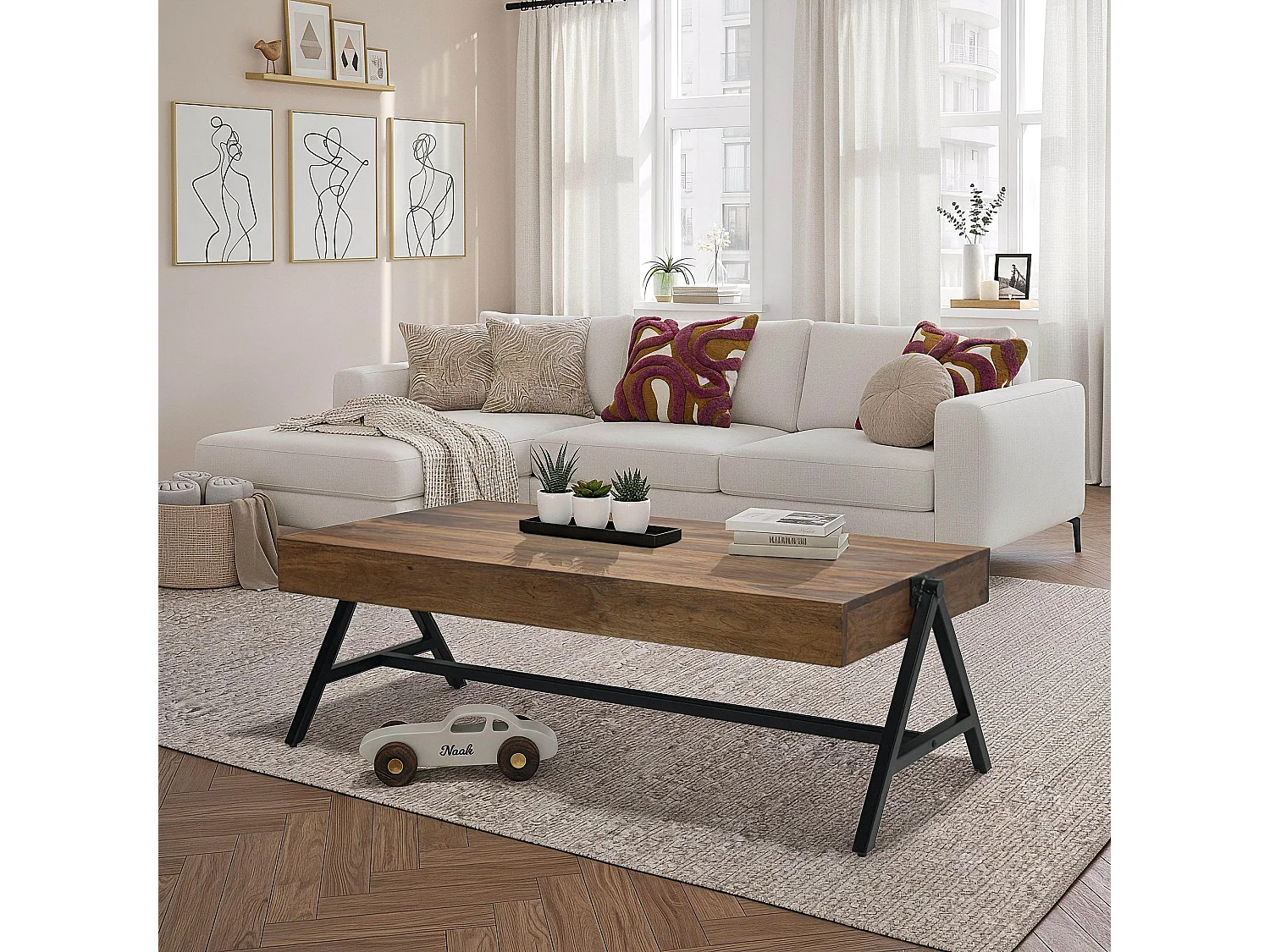 Table Basse Sheesham Bois Massif 120cm Table de Salon Rectangulaire Industrielle