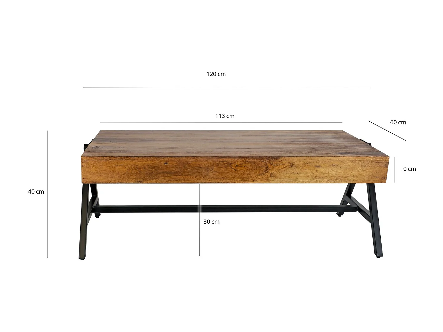 Table Basse Sheesham Bois Massif 120cm Table de Salon Rectangulaire Industrielle