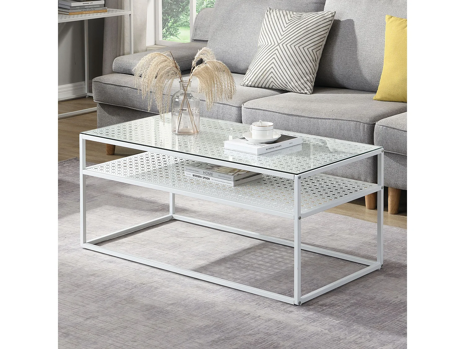 Table basse table de salon rectangulaire verre 100 cm étagère en métal moderne