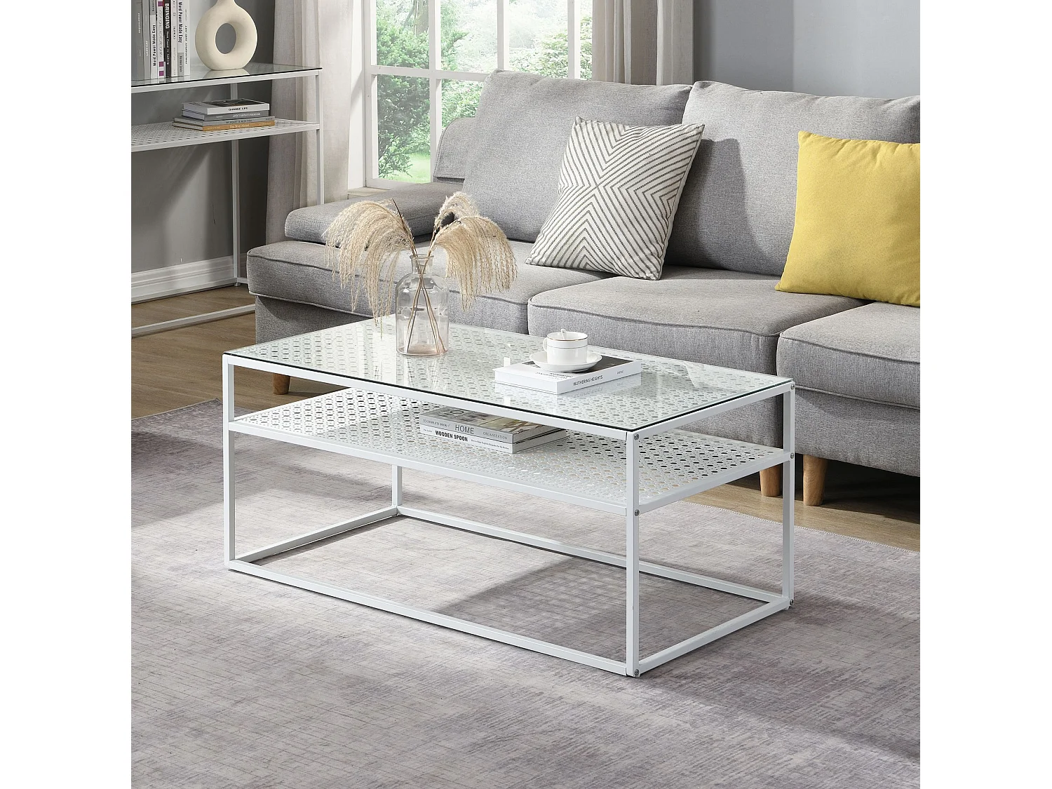 Table basse table de salon rectangulaire verre 100 cm étagère en métal moderne