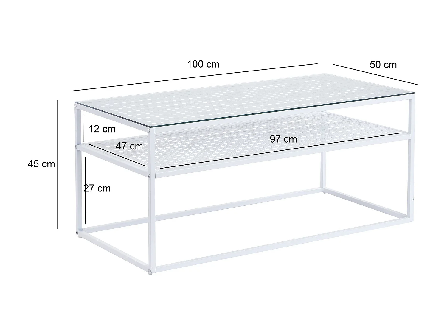 Table basse table de salon rectangulaire verre 100 cm étagère en métal moderne