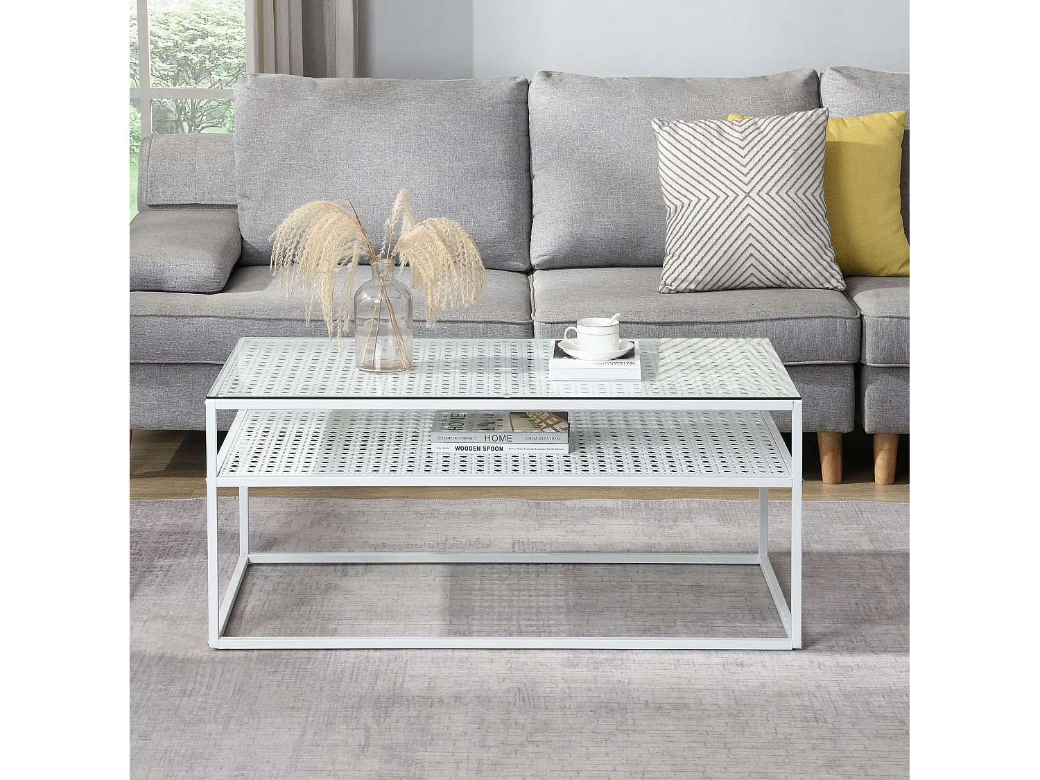 Table basse table de salon rectangulaire verre 100 cm étagère en métal moderne