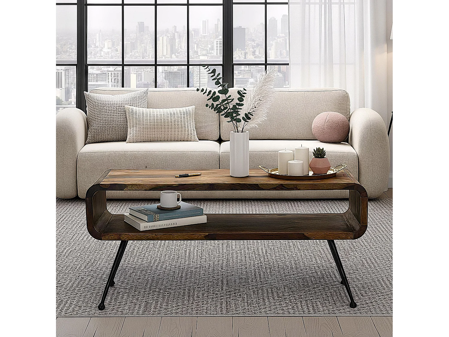 Table Basse Sheesham Massif Pieds Métal 100cm Industrielle Rétro Table de Salon