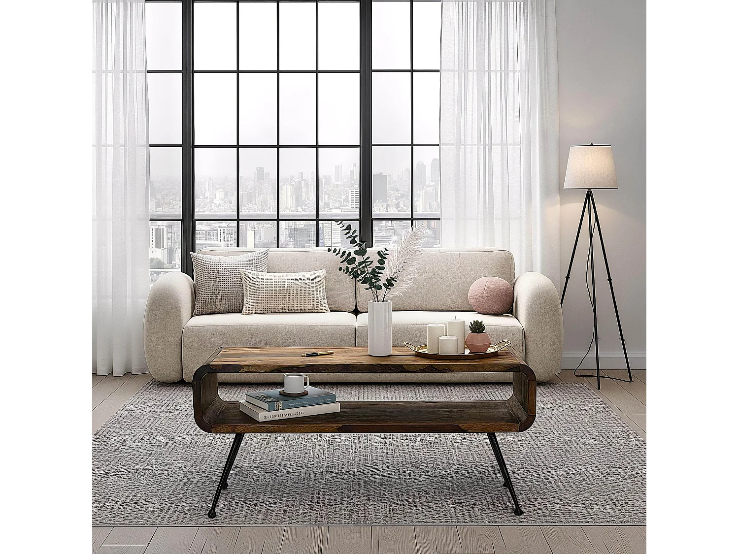 Table Basse Sheesham Massif Pieds Métal 100cm Industrielle Rétro Table de Salon