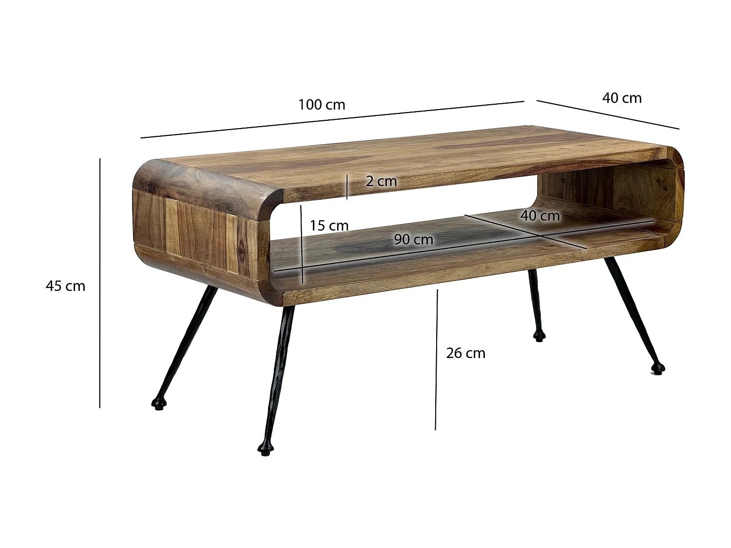 Table Basse Sheesham Massif Pieds Métal 100cm Industrielle Rétro Table de Salon
