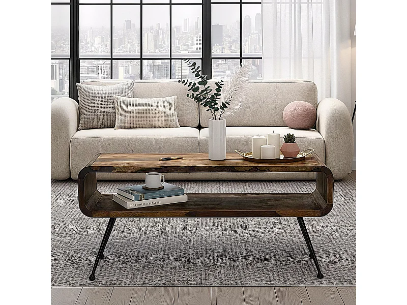Table Basse Sheesham Massif Pieds Métal 100cm Industrielle Rétro Table de Salon