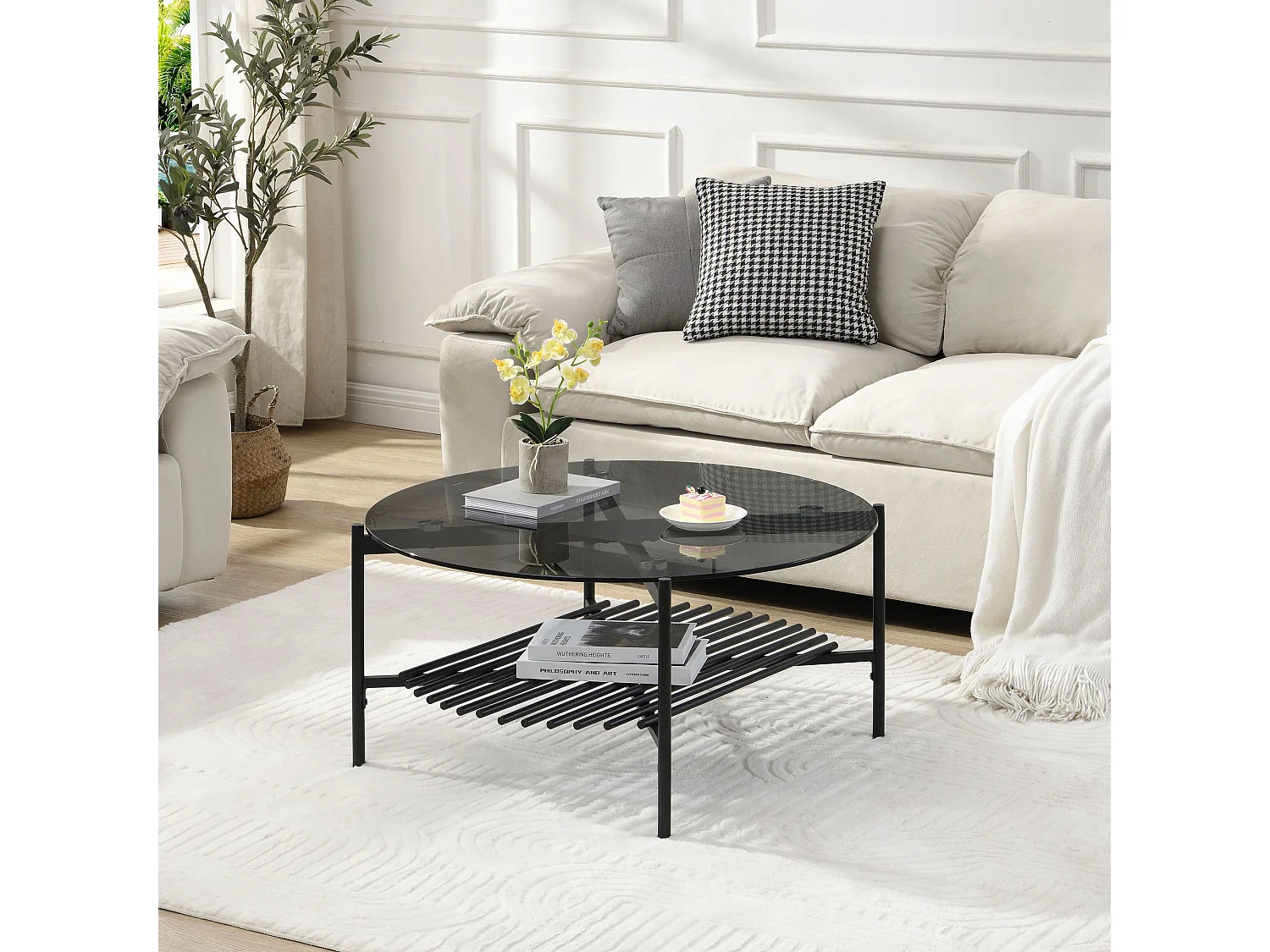 Table basse table de salon verre métal 80 cm noir table de canapé ronde