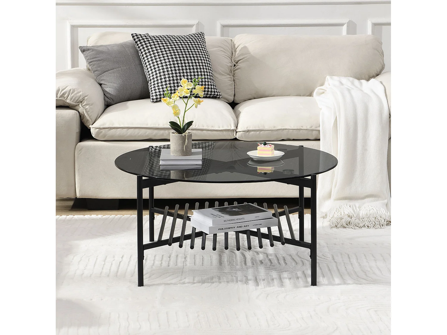 Table basse table de salon verre métal 80 cm noir table de canapé ronde