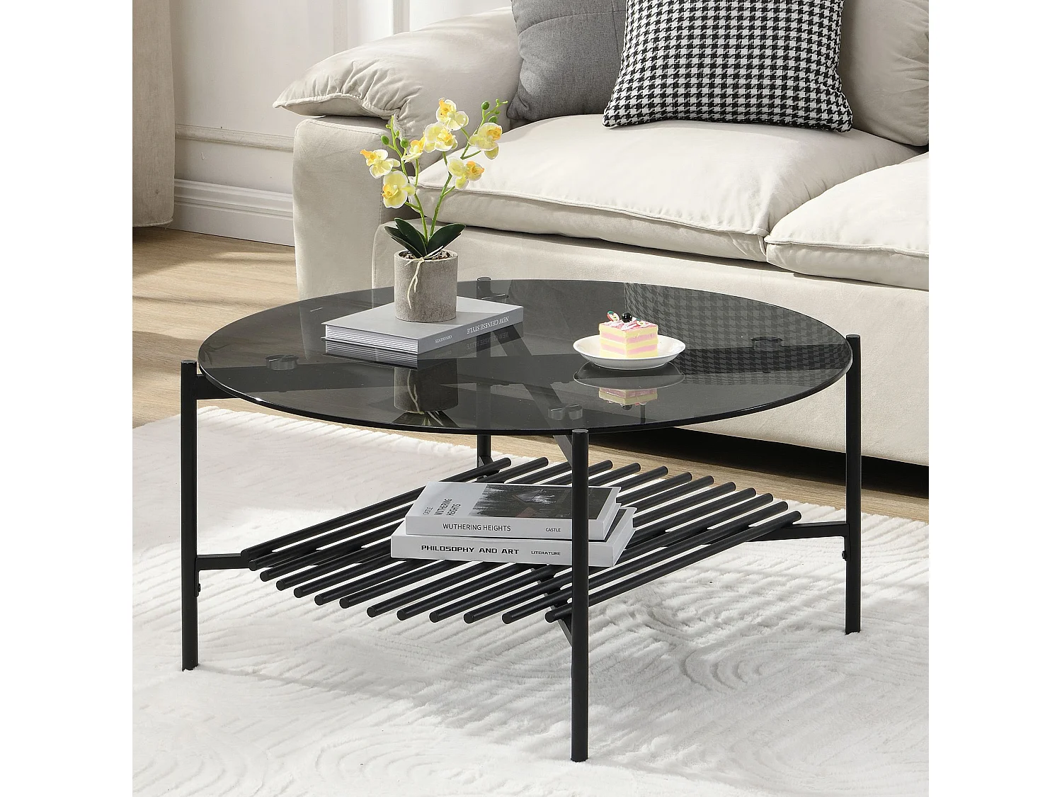 Table basse table de salon verre métal 80 cm noir table de canapé ronde