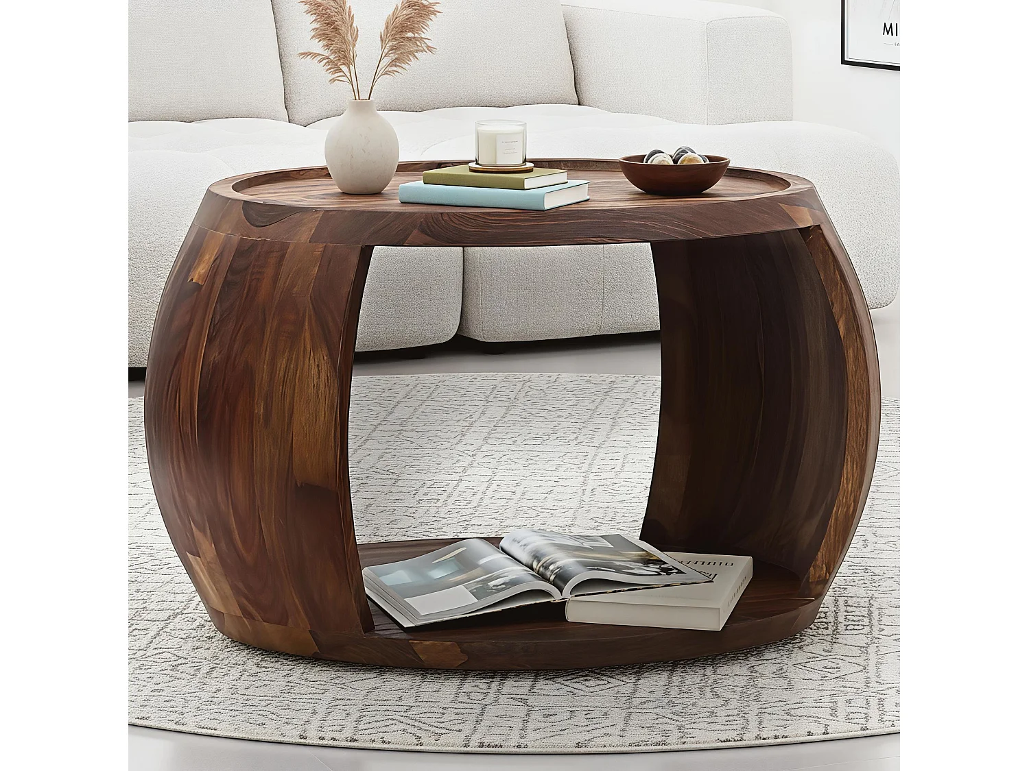Table Basse Sheesham Bois Massif ronde 60 cm Table Salon Compartiment Rangement