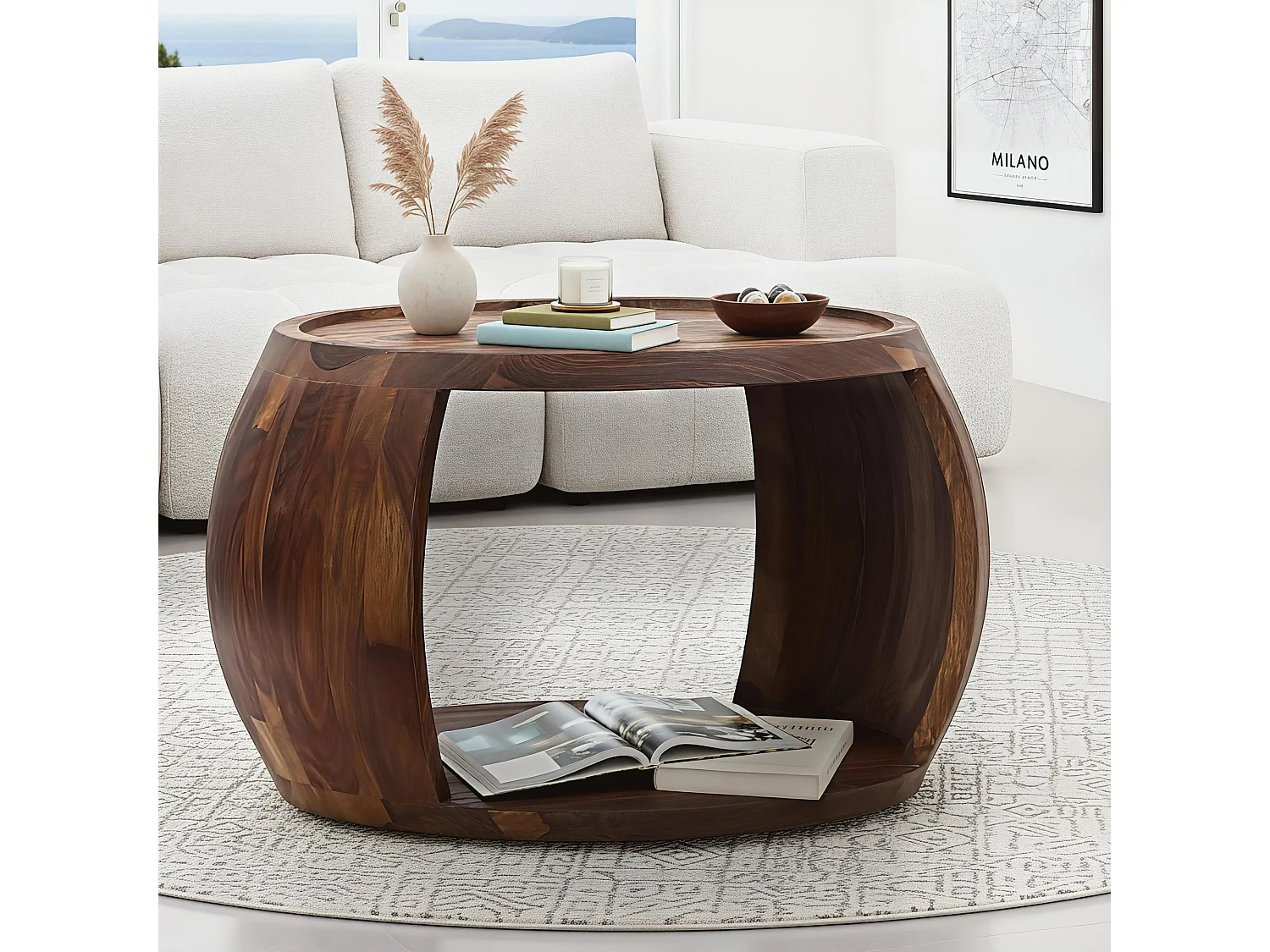 Table Basse Sheesham Bois Massif ronde 60 cm Table Salon Compartiment Rangement