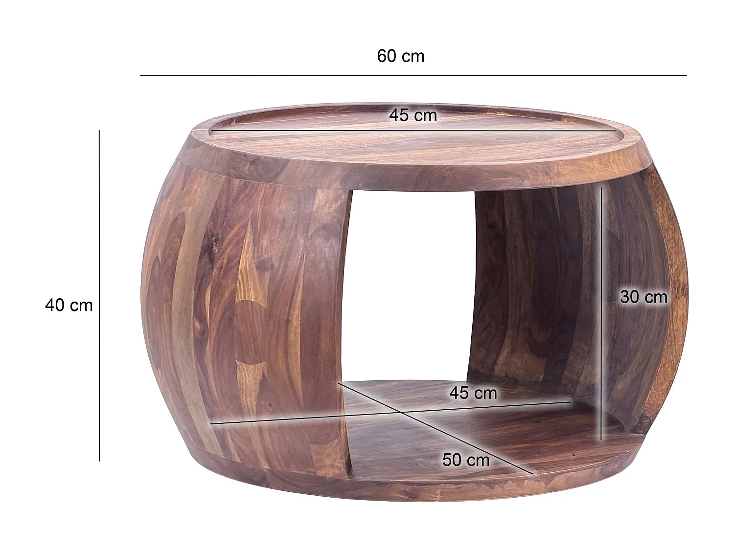 Table Basse Sheesham Bois Massif ronde 60 cm Table Salon Compartiment Rangement