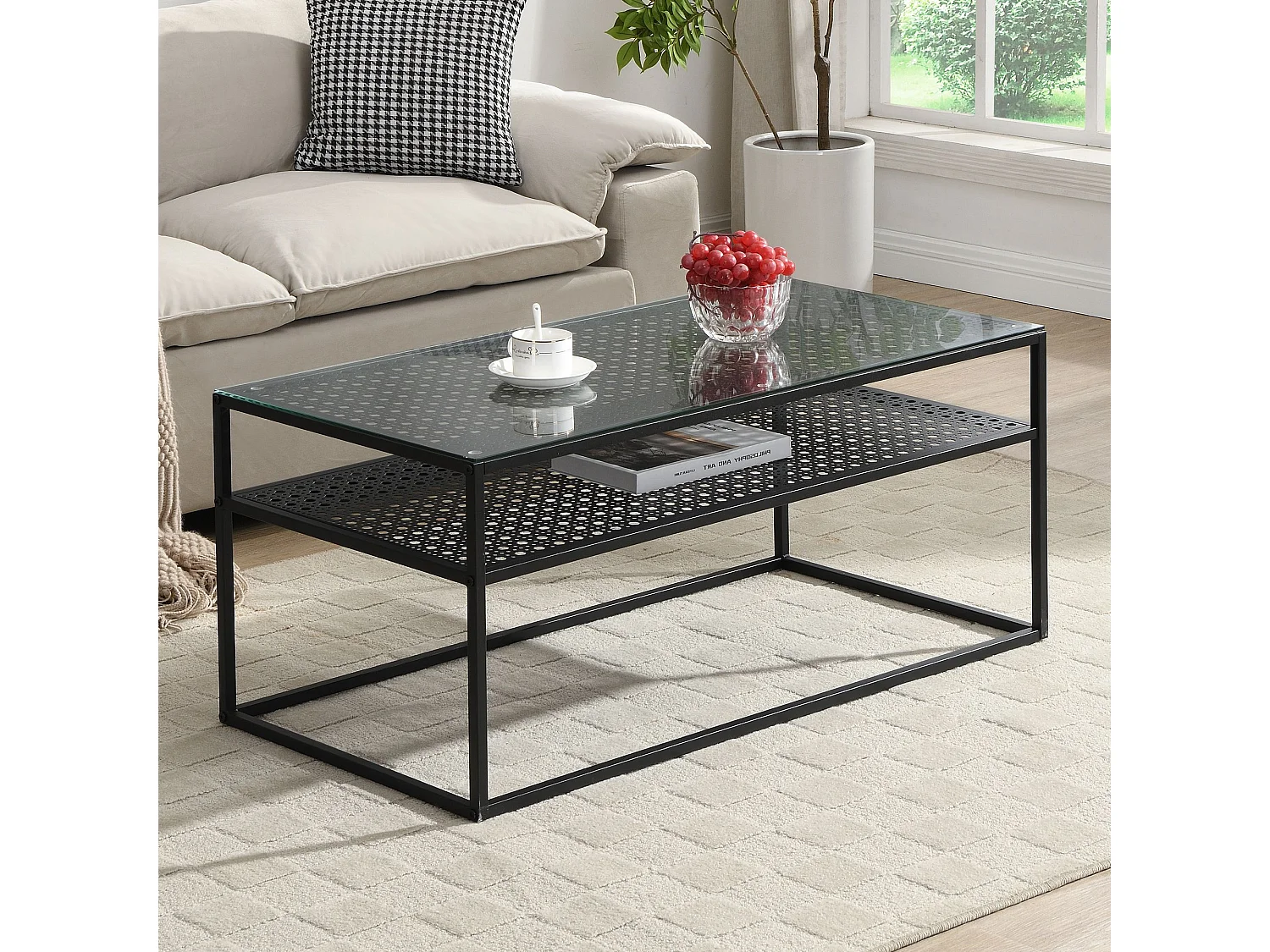 Table basse table de salon rectangulaire verre 100 cm étagère en métal moderne