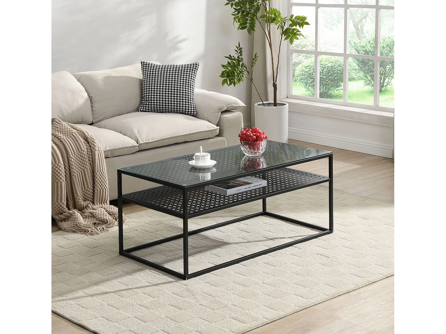 Table basse table de salon rectangulaire verre 100 cm étagère en métal moderne