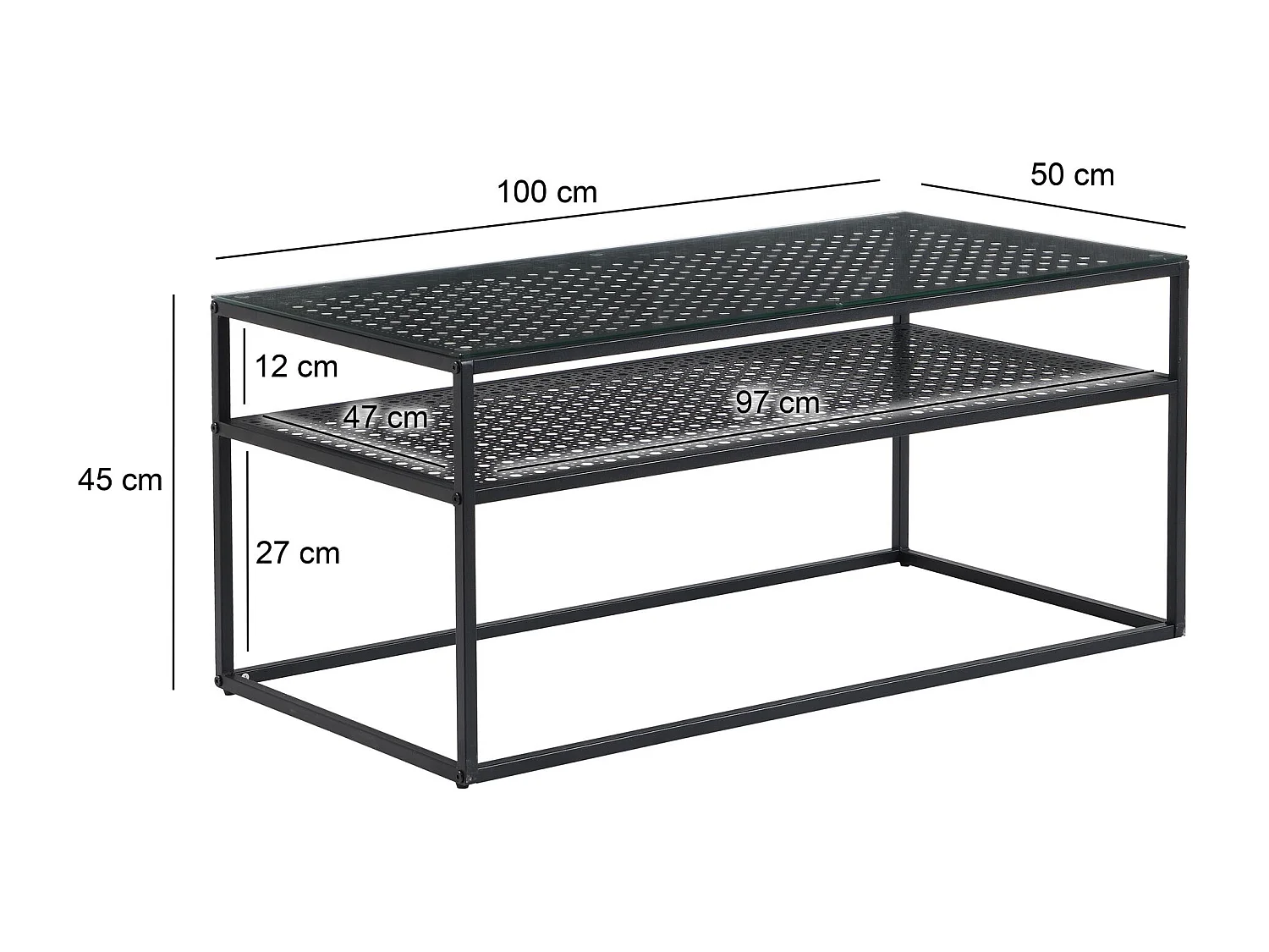 Table basse table de salon rectangulaire verre 100 cm étagère en métal moderne