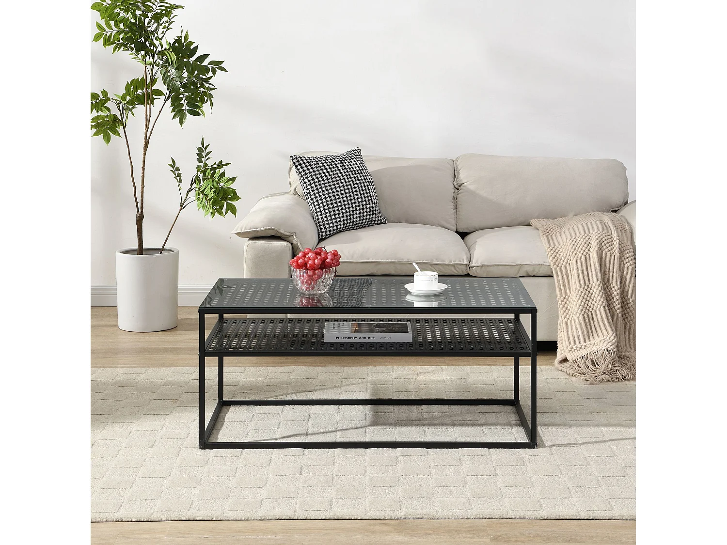 Table basse table de salon rectangulaire verre 100 cm étagère en métal moderne