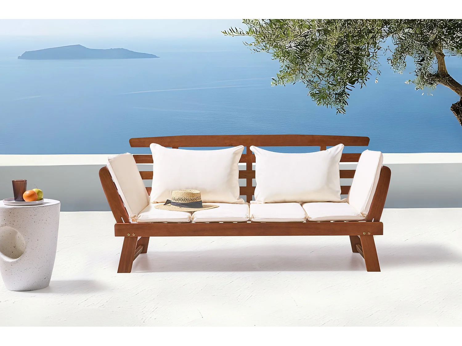 Banc avec coussin d'assise PORTICI 210 cm Bois d'eucalyptus Marron foncé/blanc