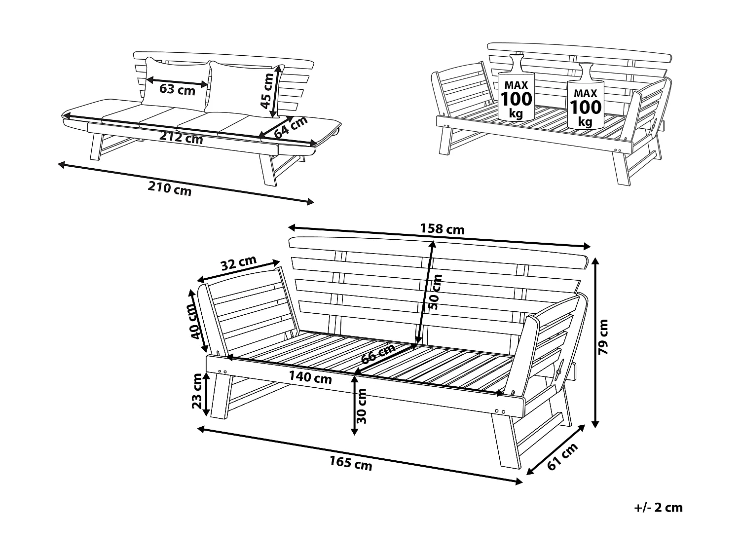 Panca da giardino con cuscino PORTICI 210 cm Legno d'eucalipto Marrone scuro/ Bianco