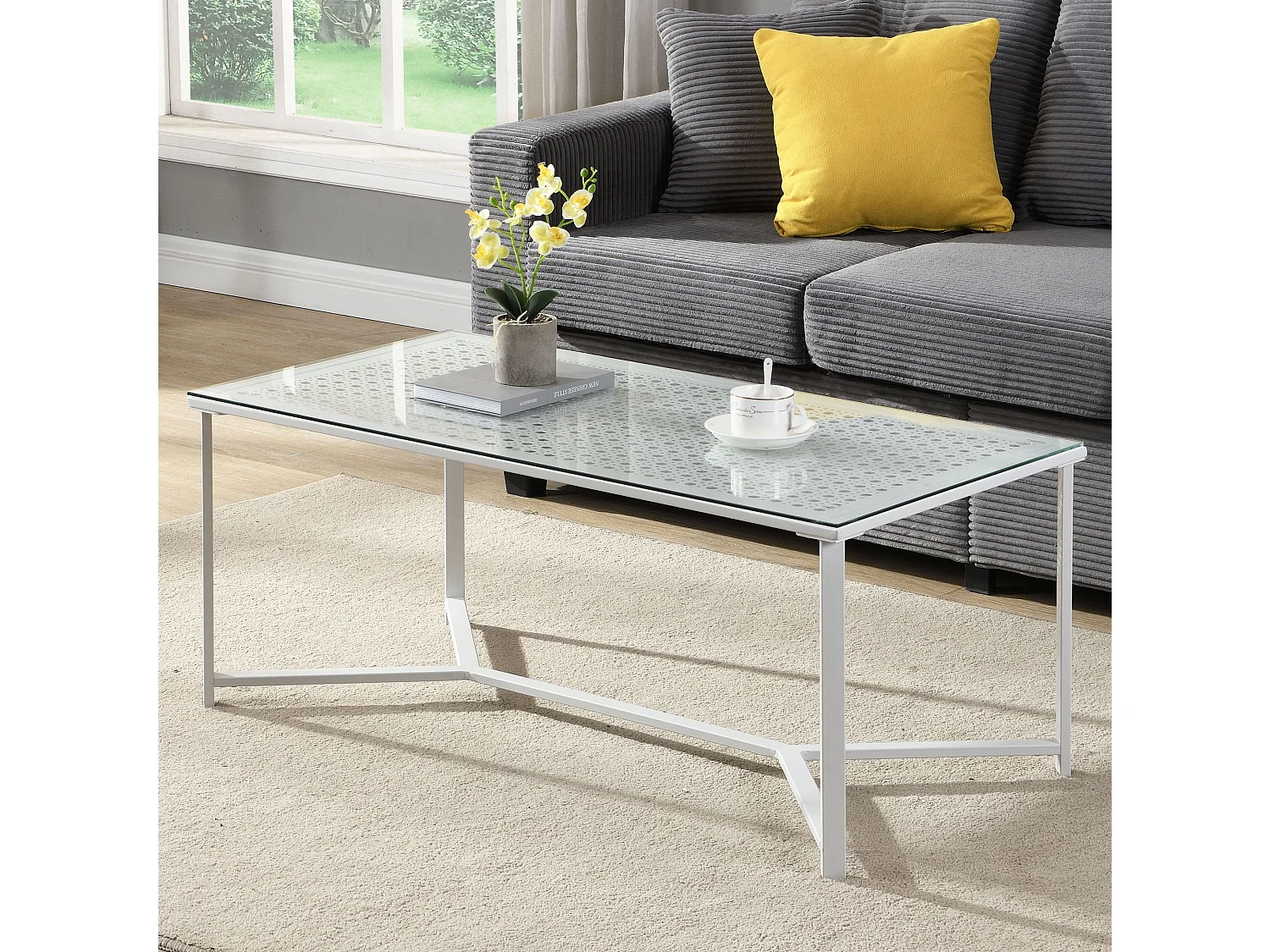 Table basse table de canapé verre métal 100 cm table de salon rectangulaire