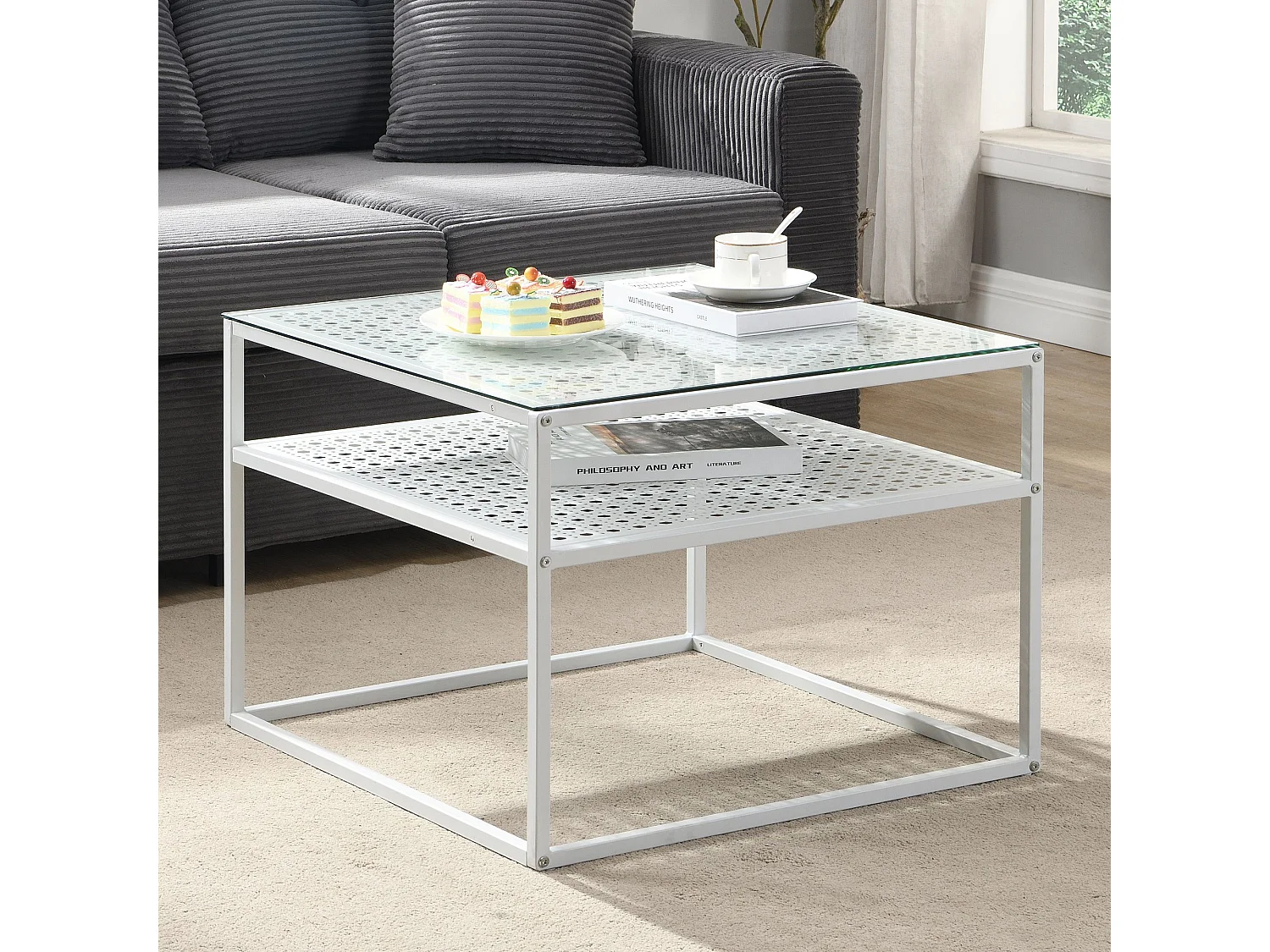 Table basse en verre et métal, carrée, 60 cm, pour salon, rangement, moderne