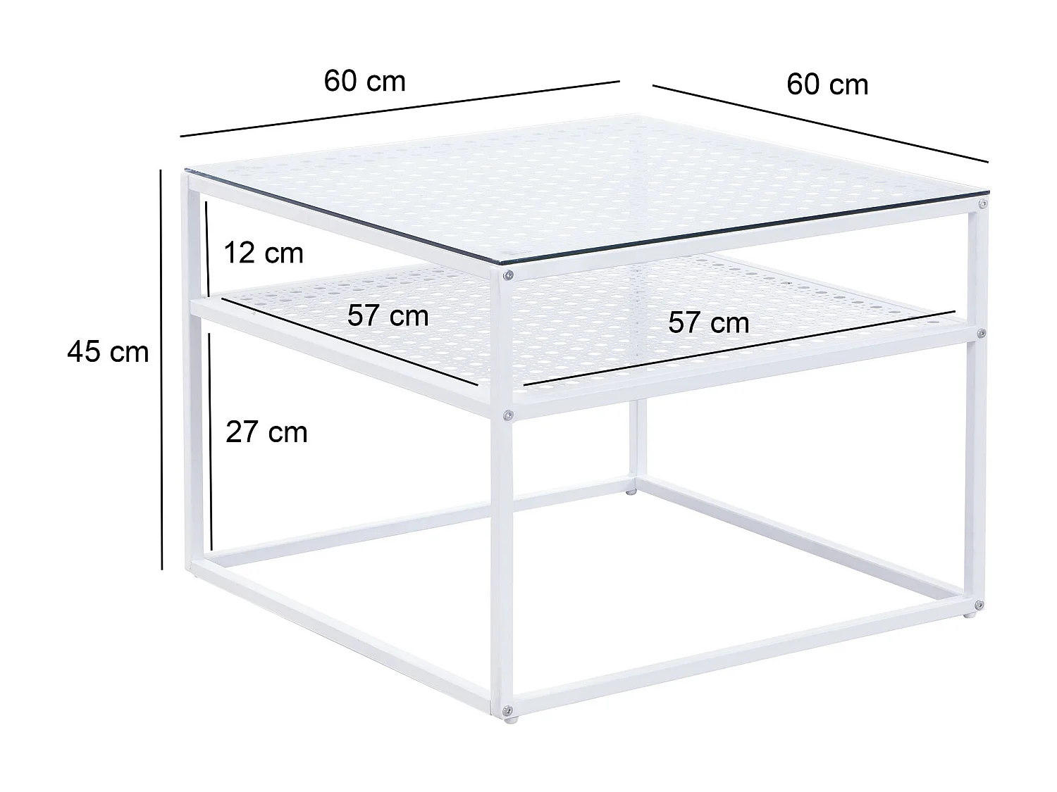 Table basse en verre et métal, carrée, 60 cm, pour salon, rangement, moderne