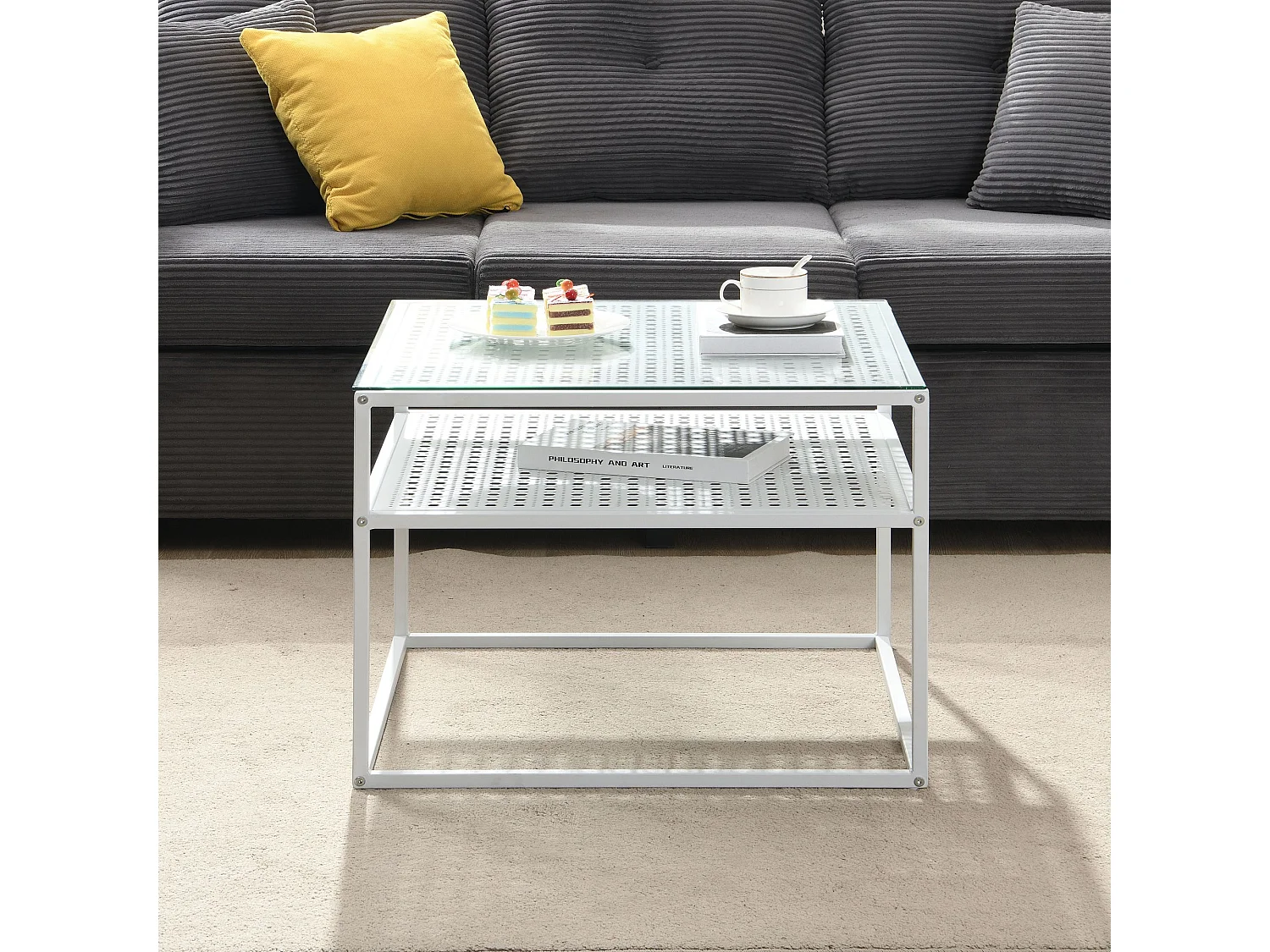 Table basse en verre et métal, carrée, 60 cm, pour salon, rangement, moderne