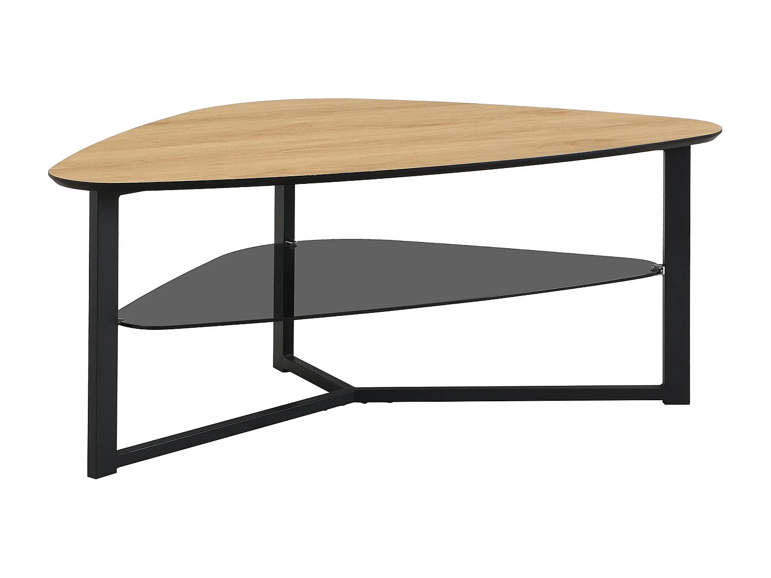 Table de salon table basse en forme de rein aspect chêne étagère en verre 110 cm