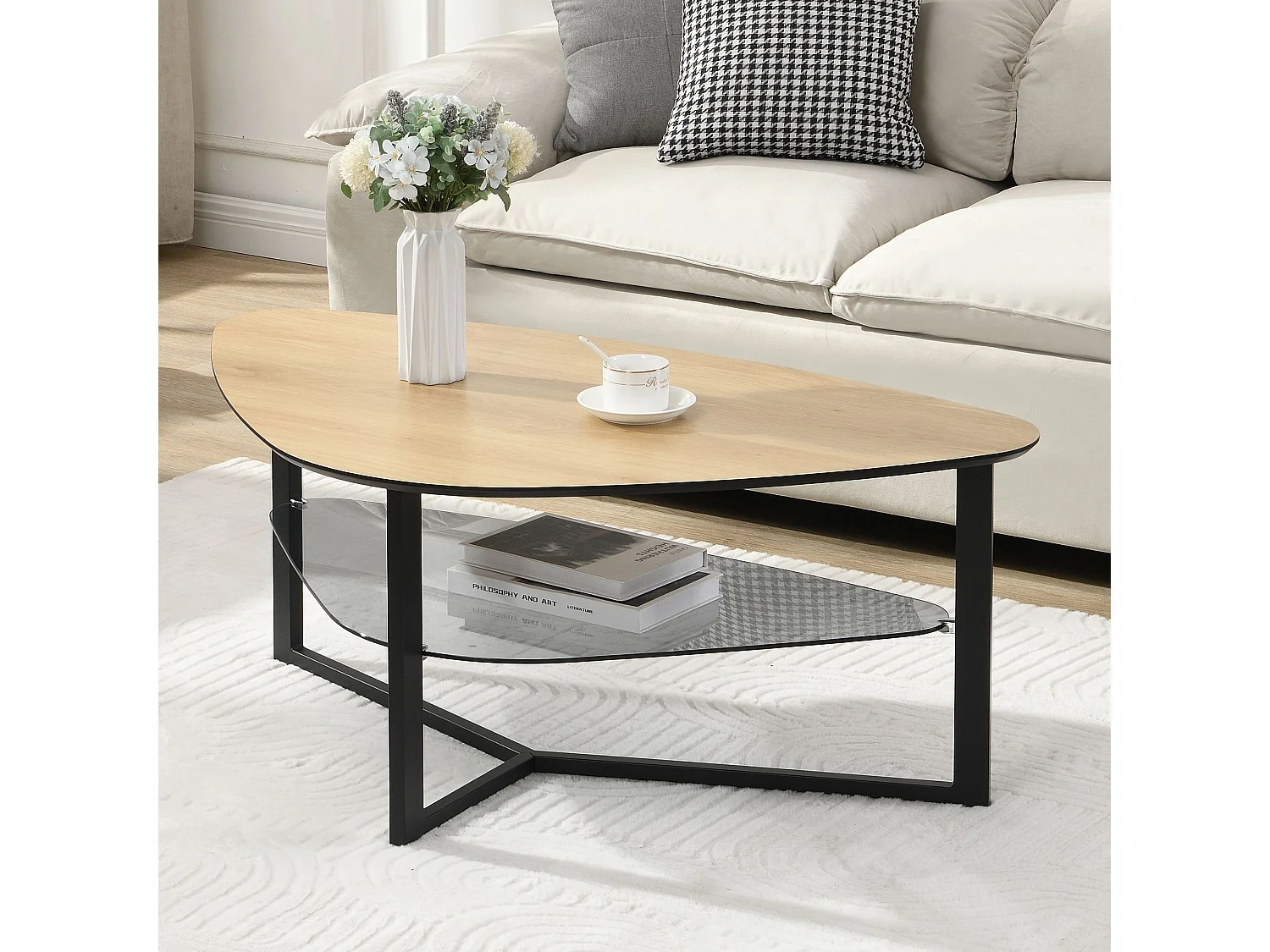 Table de salon table basse en forme de rein aspect chêne étagère en verre 110 cm