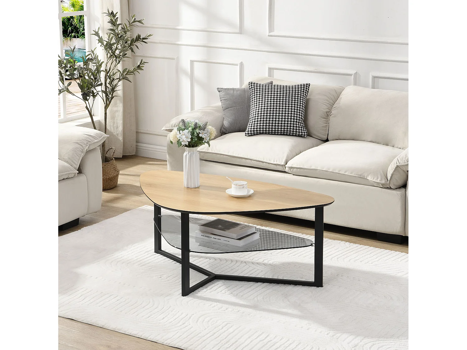 Table de salon table basse en forme de rein aspect chêne étagère en verre 110 cm