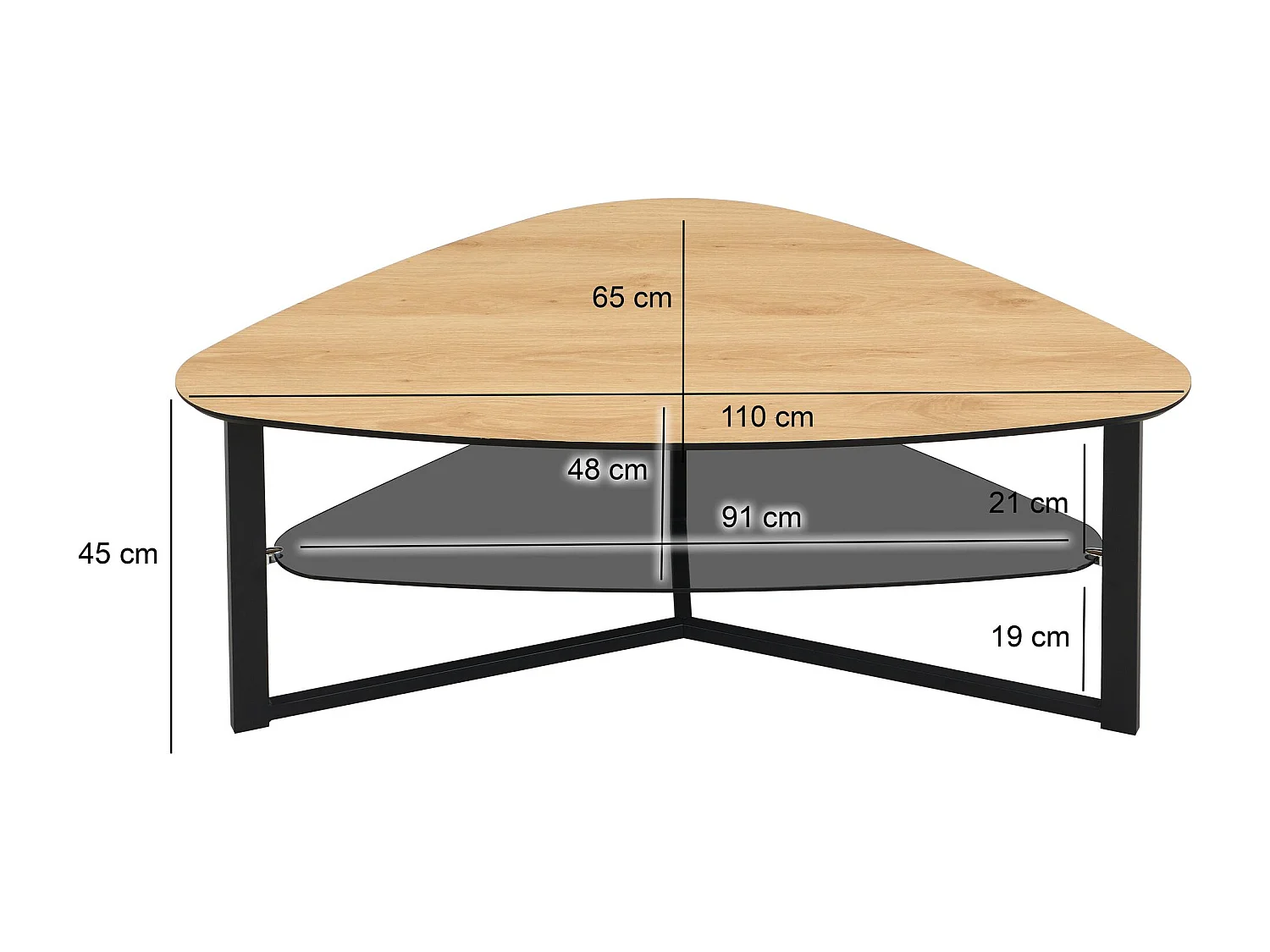 Table de salon table basse en forme de rein aspect chêne étagère en verre 110 cm