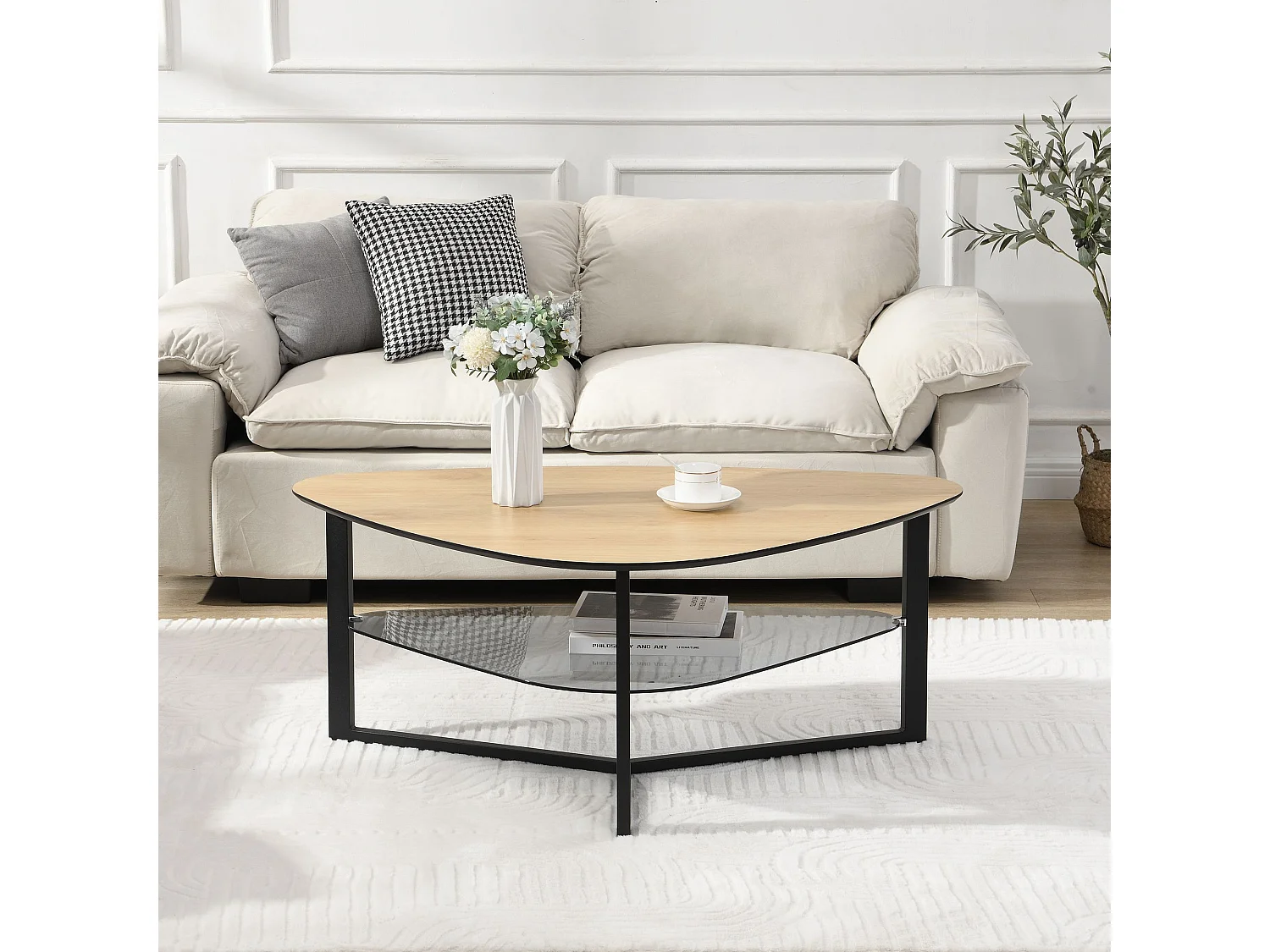 Table de salon table basse en forme de rein aspect chêne étagère en verre 110 cm