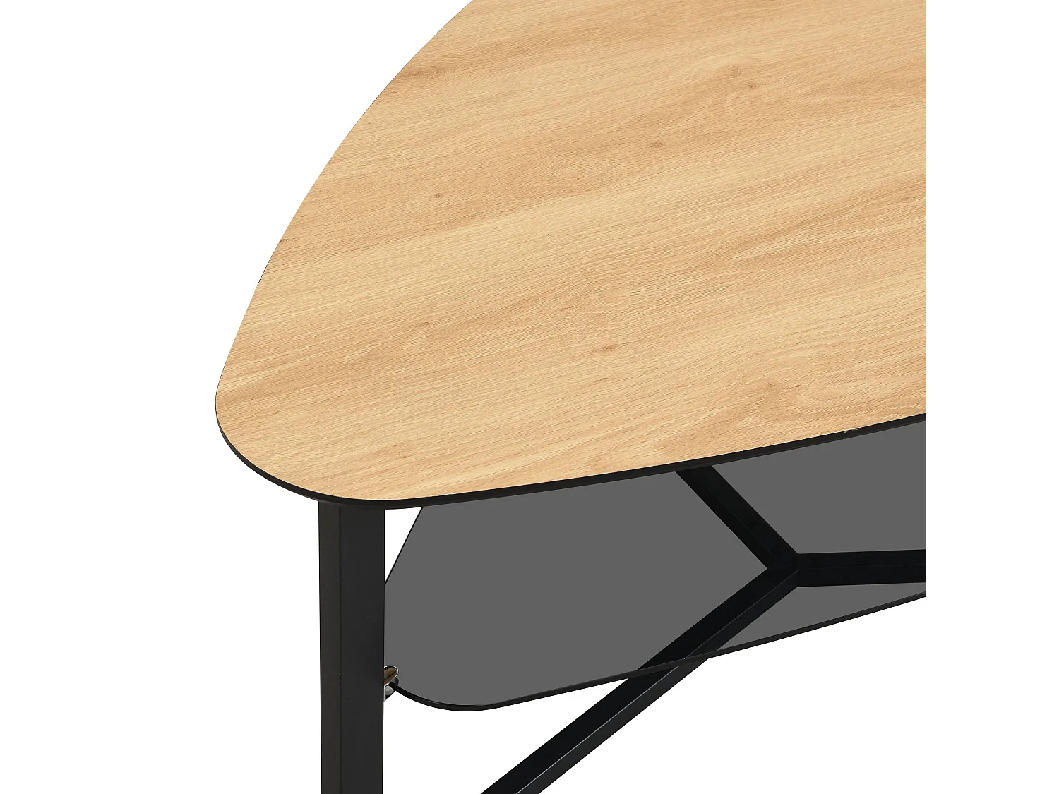 Table de salon table basse en forme de rein aspect chêne étagère en verre 110 cm