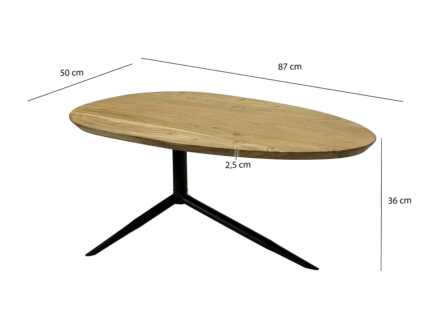Table basse design Acacia Bois massif 87cm ovale Table de salon Piètement métal