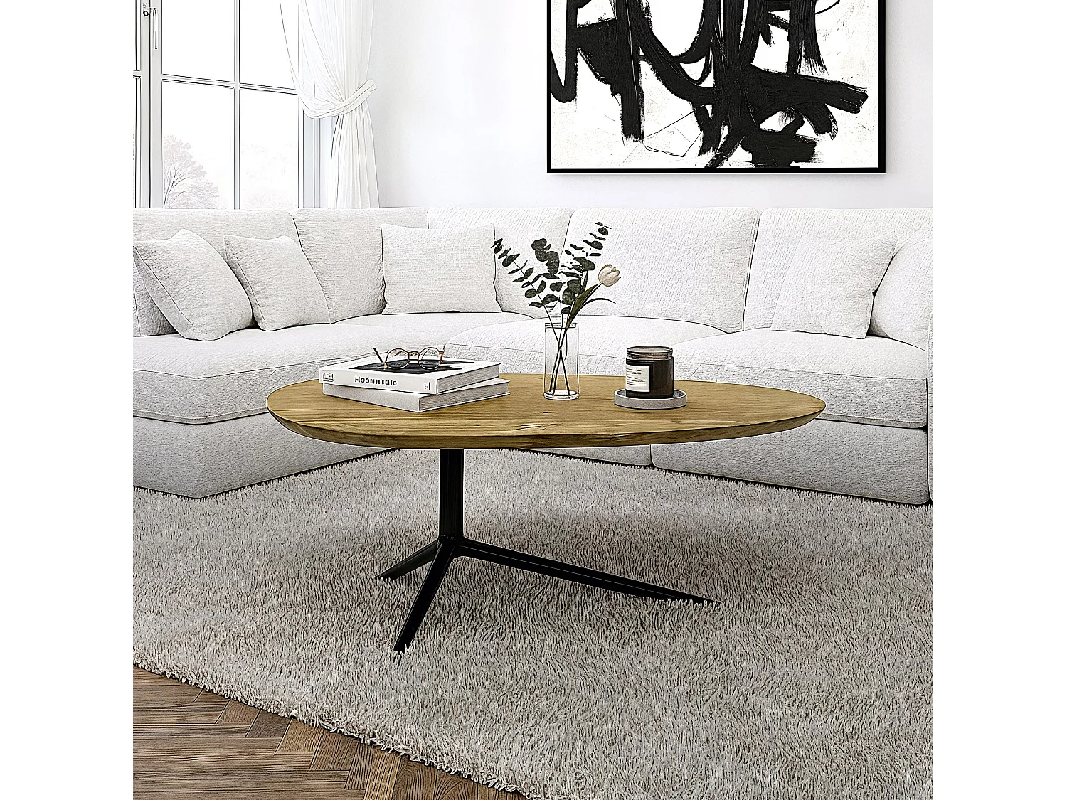 Table basse design Acacia Bois massif 87cm ovale Table de salon Piètement métal