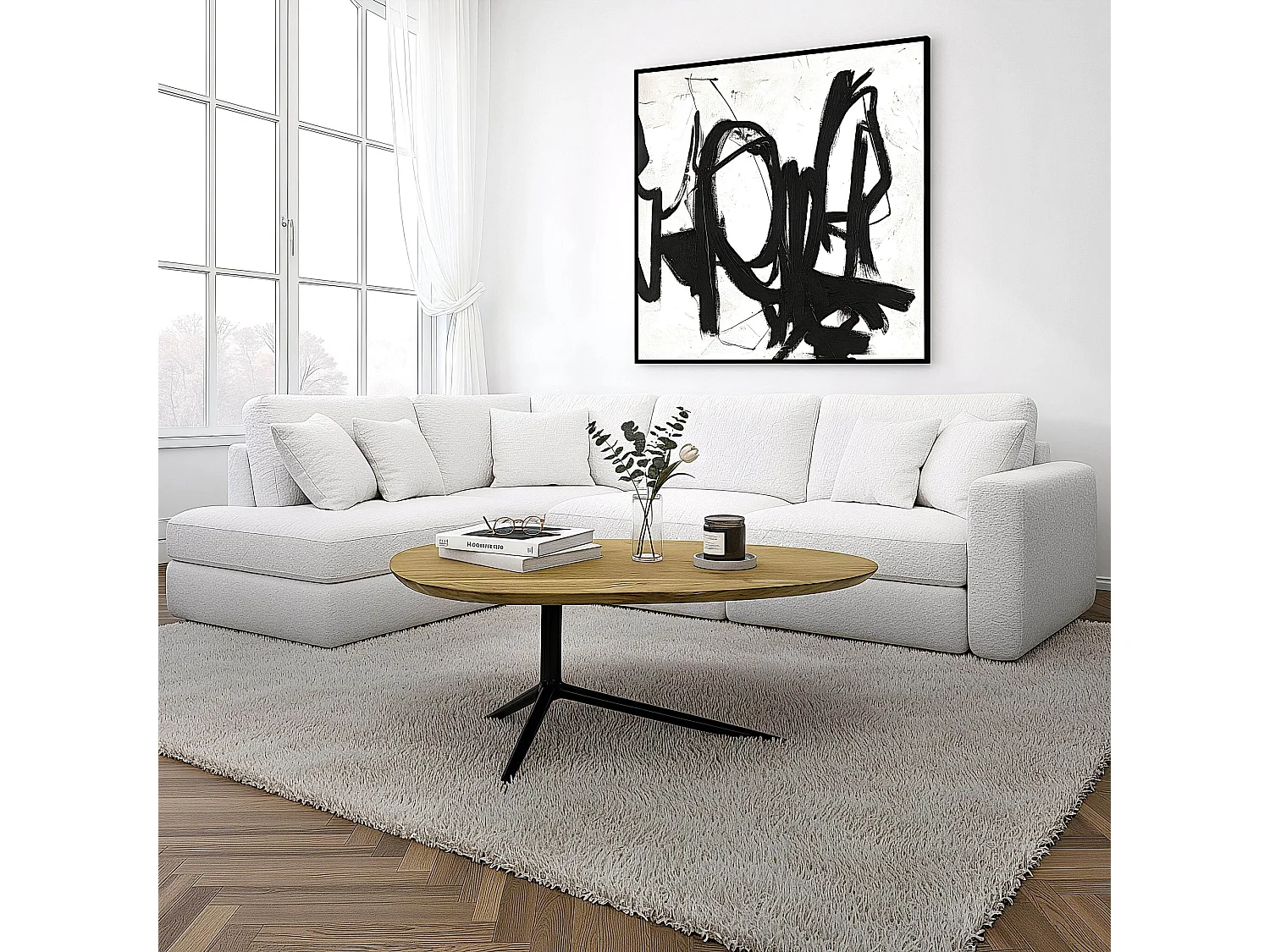 Table basse design Acacia Bois massif 87cm ovale Table de salon Piètement métal