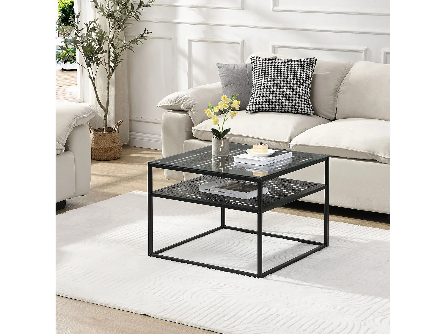 Table basse en verre et métal, carrée, 60 cm, pour salon, rangement, moderne