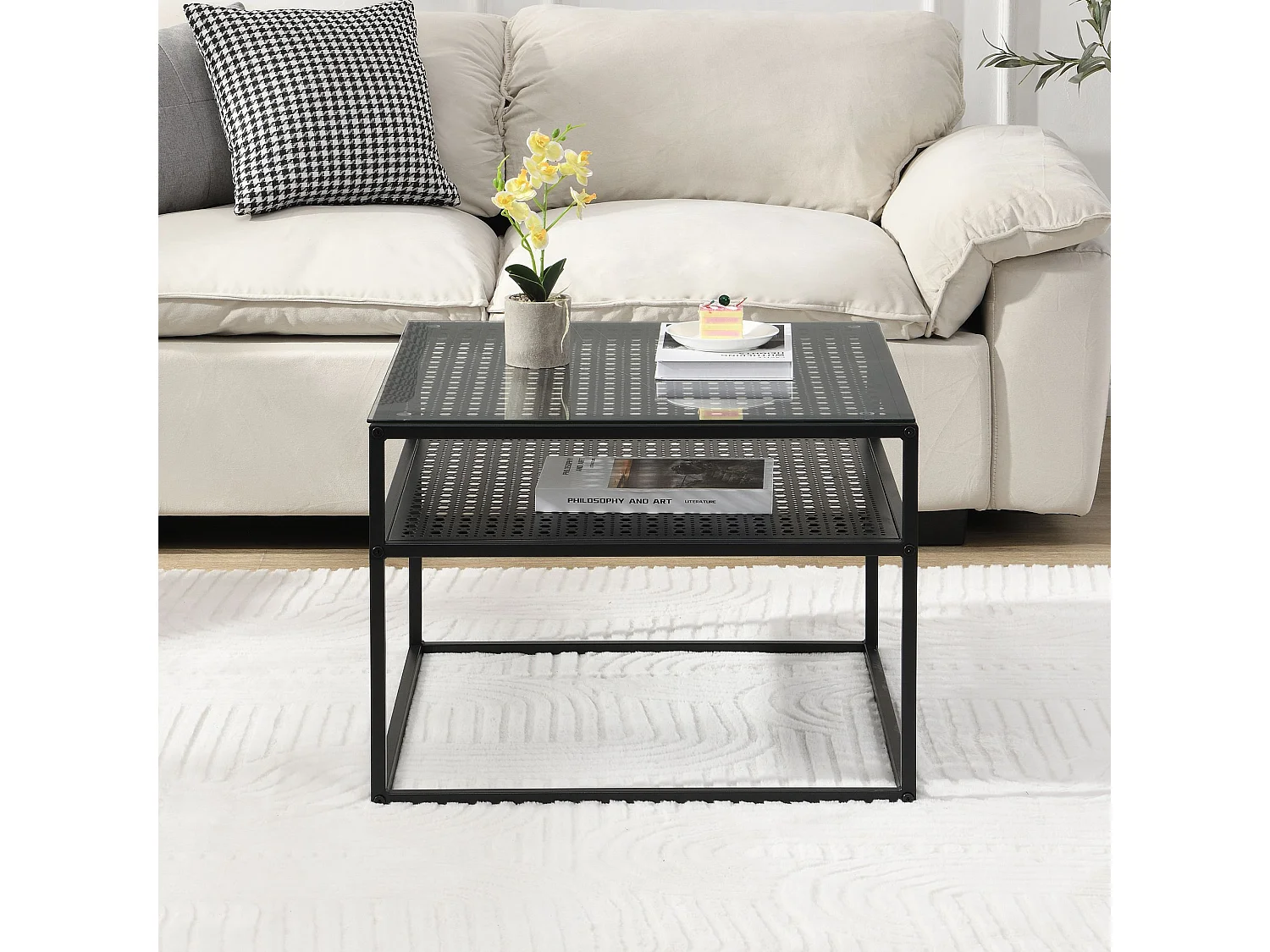 Table basse en verre et métal, carrée, 60 cm, pour salon, rangement, moderne