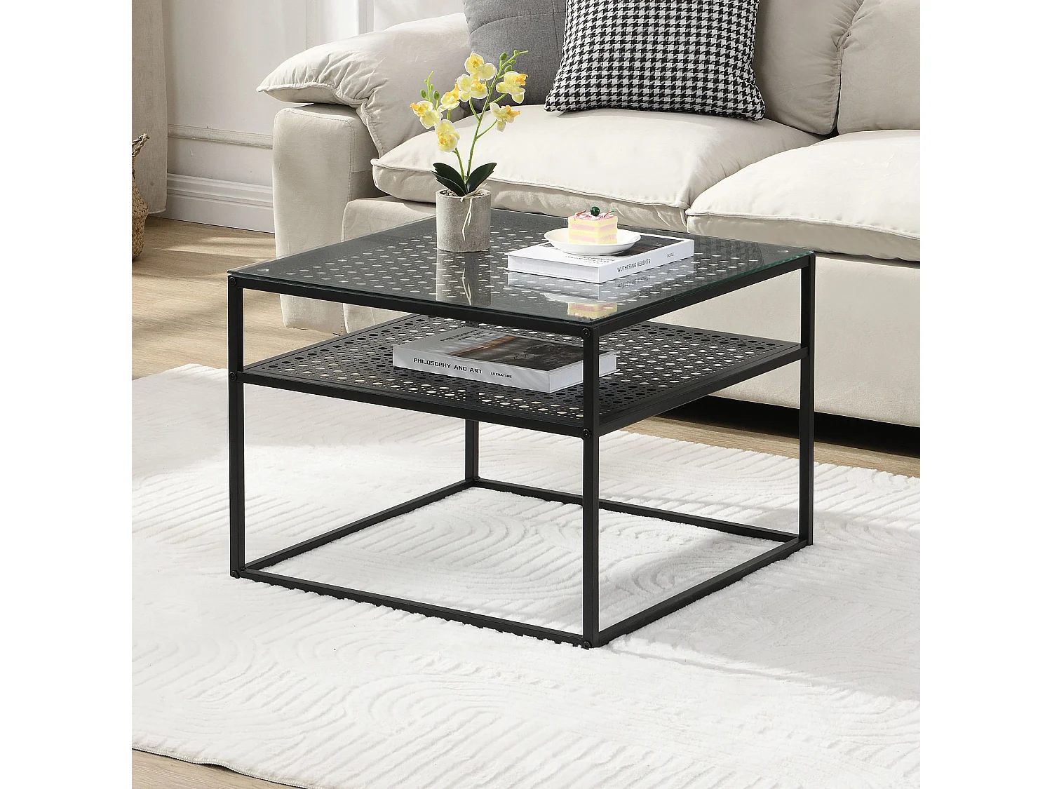 Table basse en verre et métal, carrée, 60 cm, pour salon, rangement, moderne