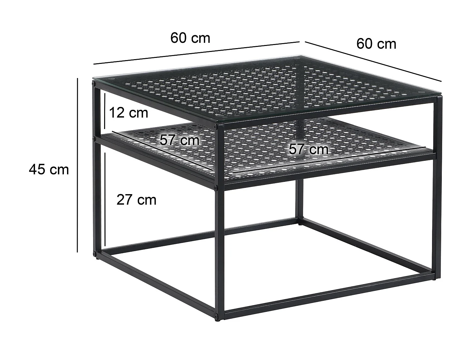 Table basse en verre et métal, carrée, 60 cm, pour salon, rangement, moderne