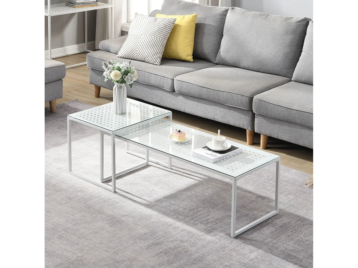 Tables gigognes, lot de 2, verre en métal, table basse, table de canapé