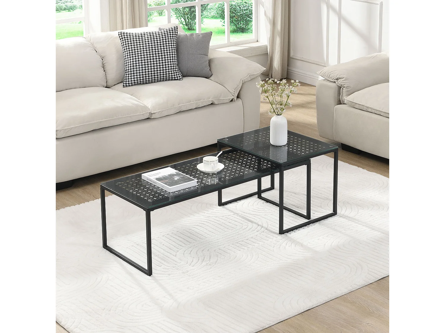 Tables gigognes, lot de 2, verre en métal, table basse, table de canapé